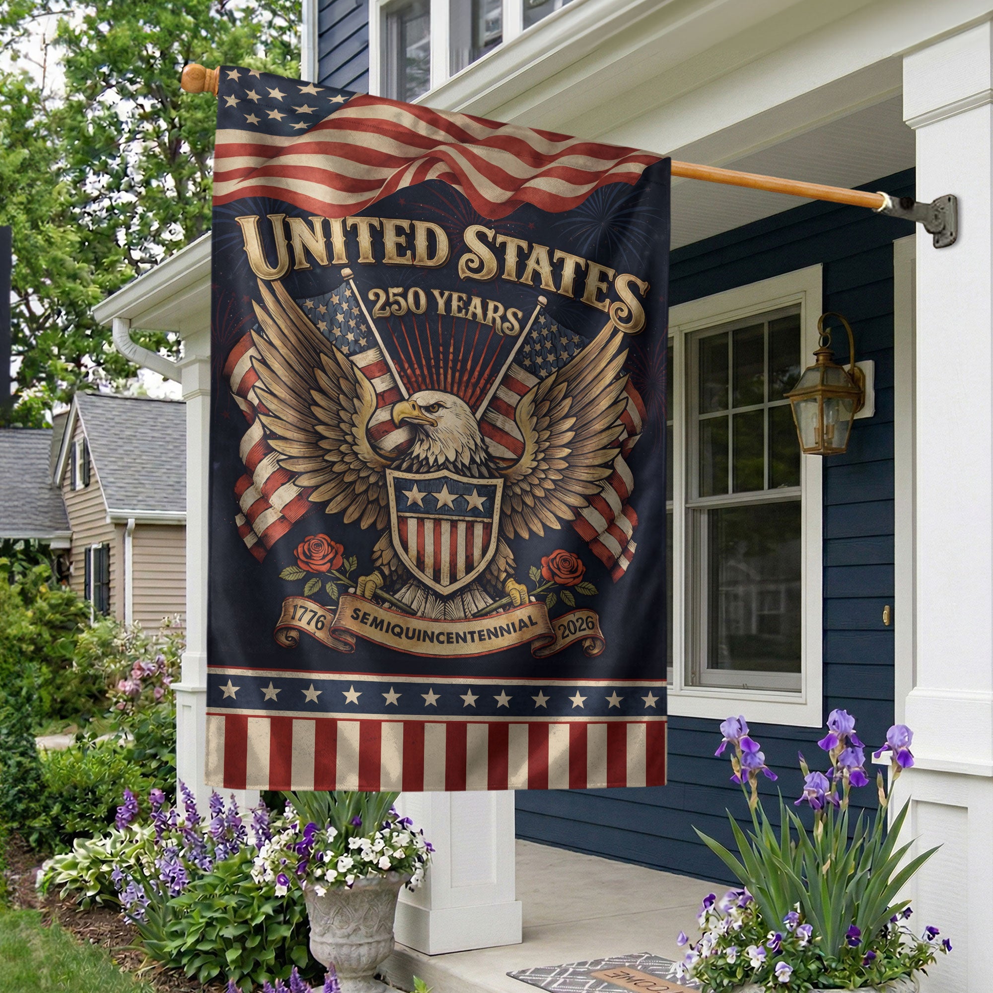 USA 250th Anniversary 1776–2026 House Flag – Patriotic Eagle & Roses Heritage Double Sided Yard Decor