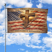 One Nation Under God 250th Anniversary Flag (1776–2026) – Cross and American Flag Christian Patriotic Banner - Rust Field Wear