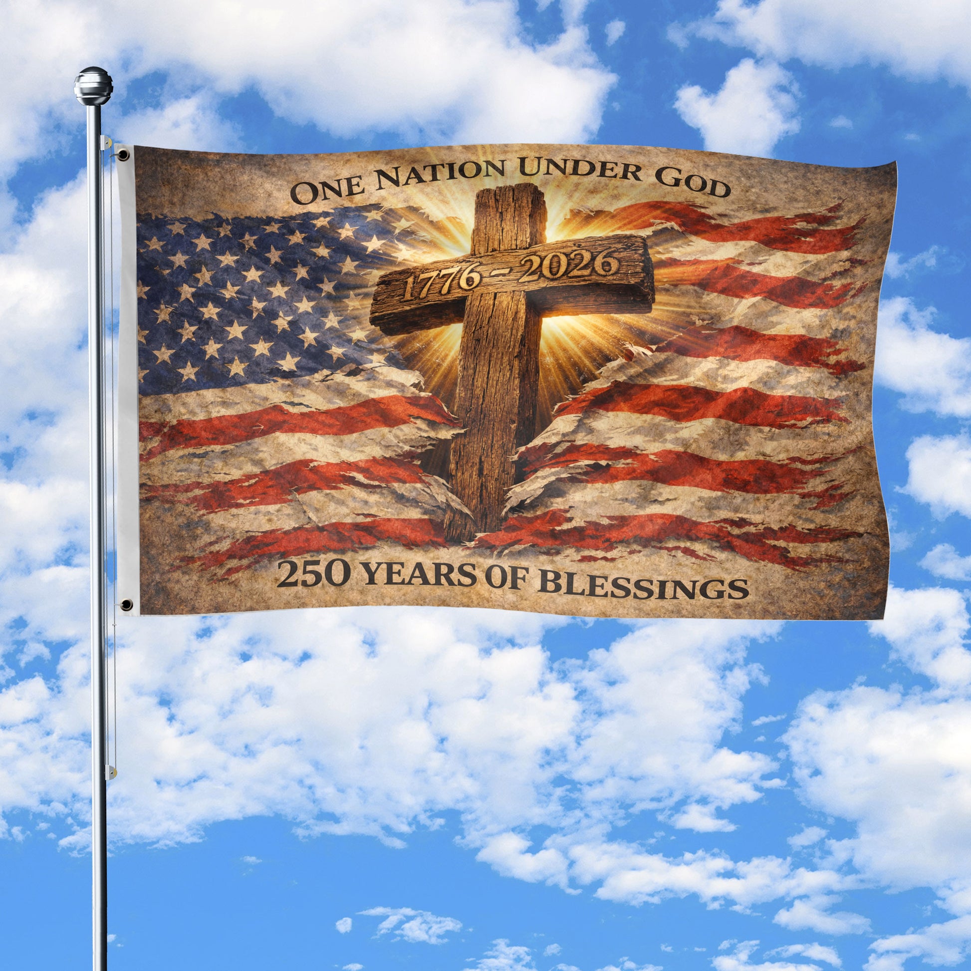 One Nation Under God 250th Anniversary Flag (1776–2026) – Cross and American Flag Christian Patriotic Banner - Rust Field Wear