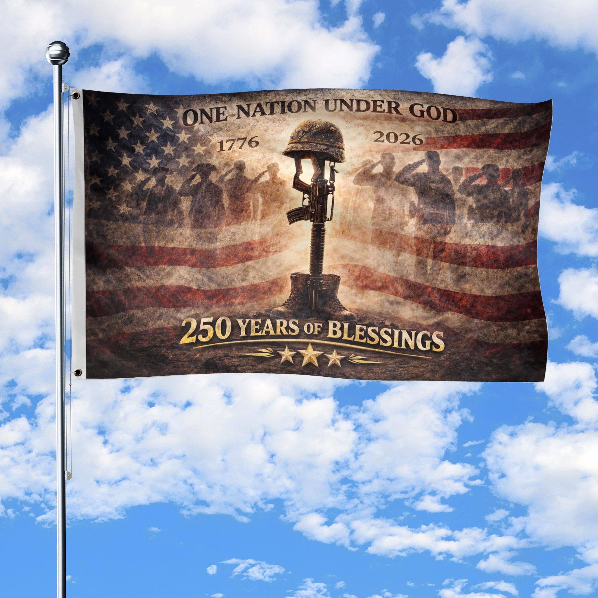 250 Years America Anniversary Military Flag, Double Sided House Banner - Fallen Soldier Battle Cross 1776-2026 - Rust Field Wear