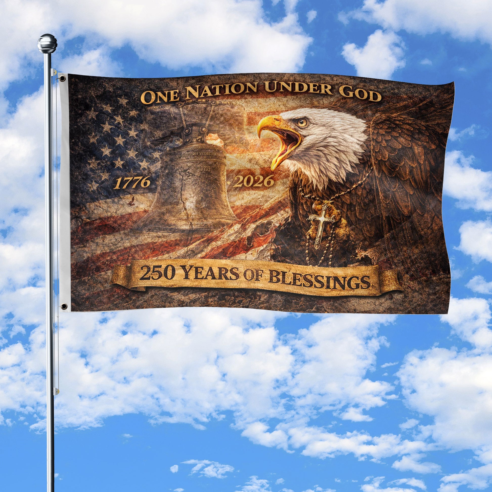 250 Years of Blessings USA Flag, Patriotic Eagle & Liberty Bell - 1776-2026 Double-Sided Banner - Rust Field Wear