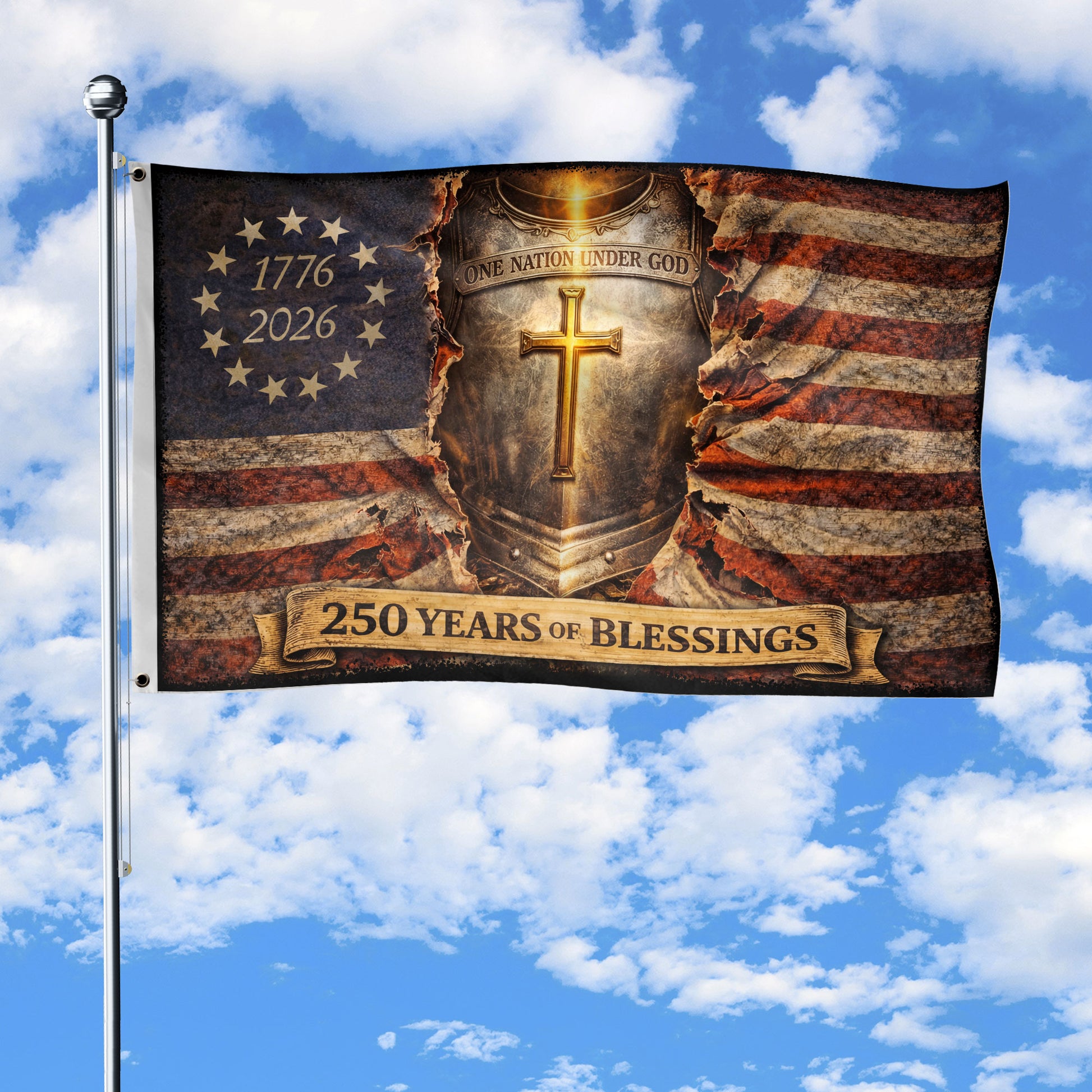 One Nation Under God 250th Anniversary Flag (1776–2026) – Cross Shield Patriotic Christian Banner - Rust Field Wear