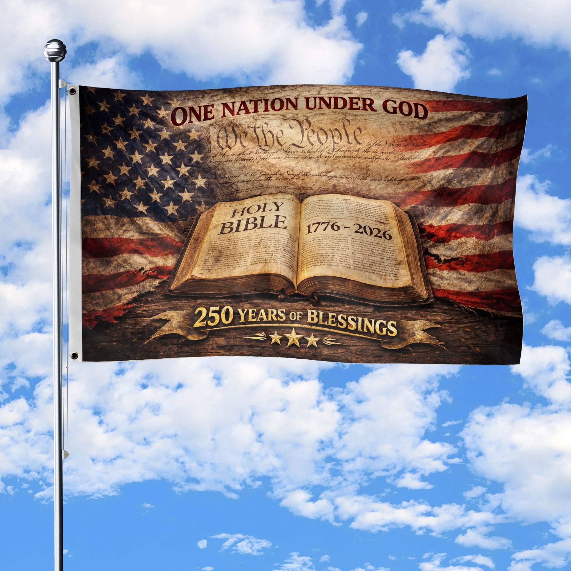 One Nation Under God 250th Anniversary Flag (1776–2026) – Holy Bible and We the People Patriotic Christian Banner - Rust Field Wear