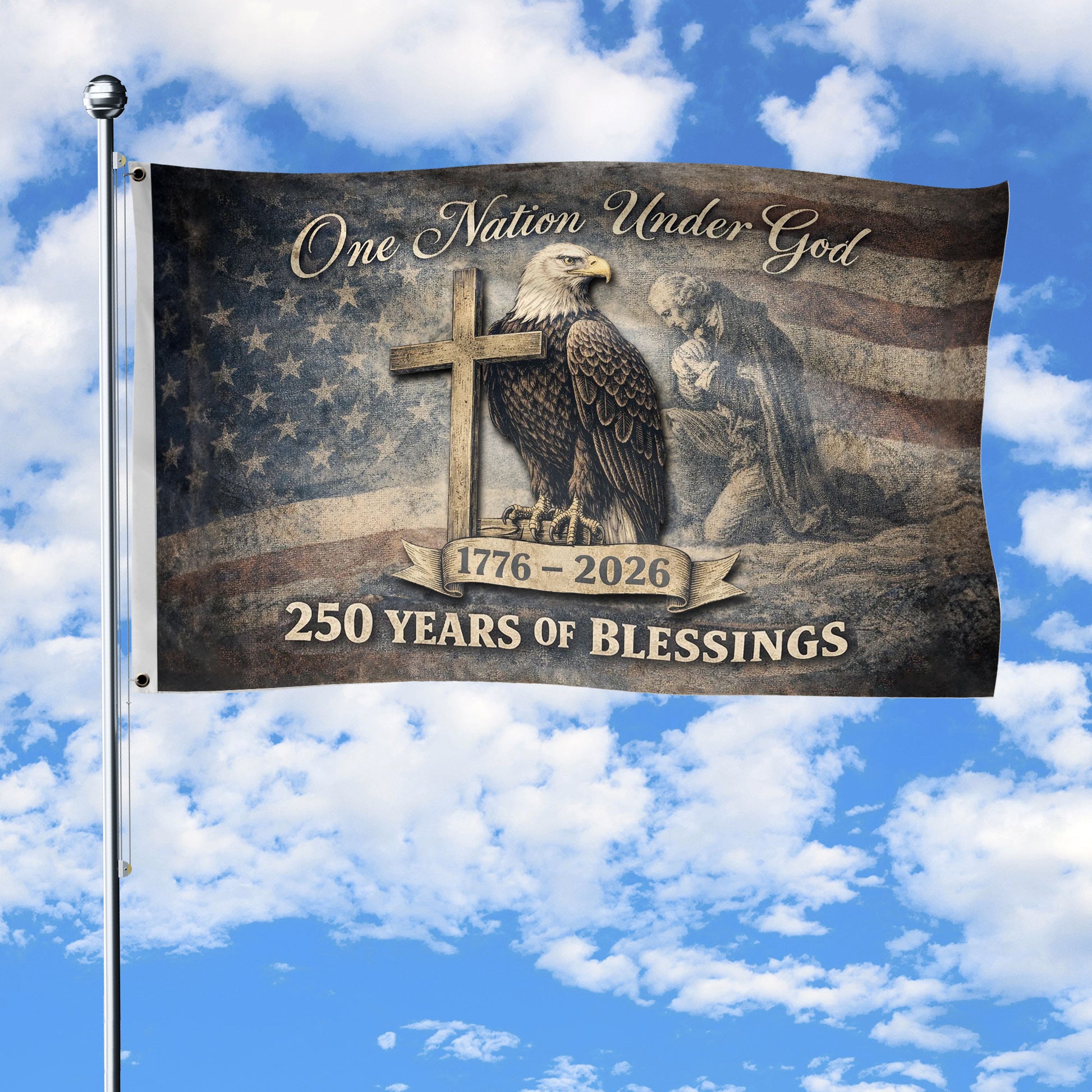 250th Anniversary Cross & Eagle, One Nation Under God 250 Years of Blessings USA Flag - Double Sided Premium House Flag - Rust Field Wear