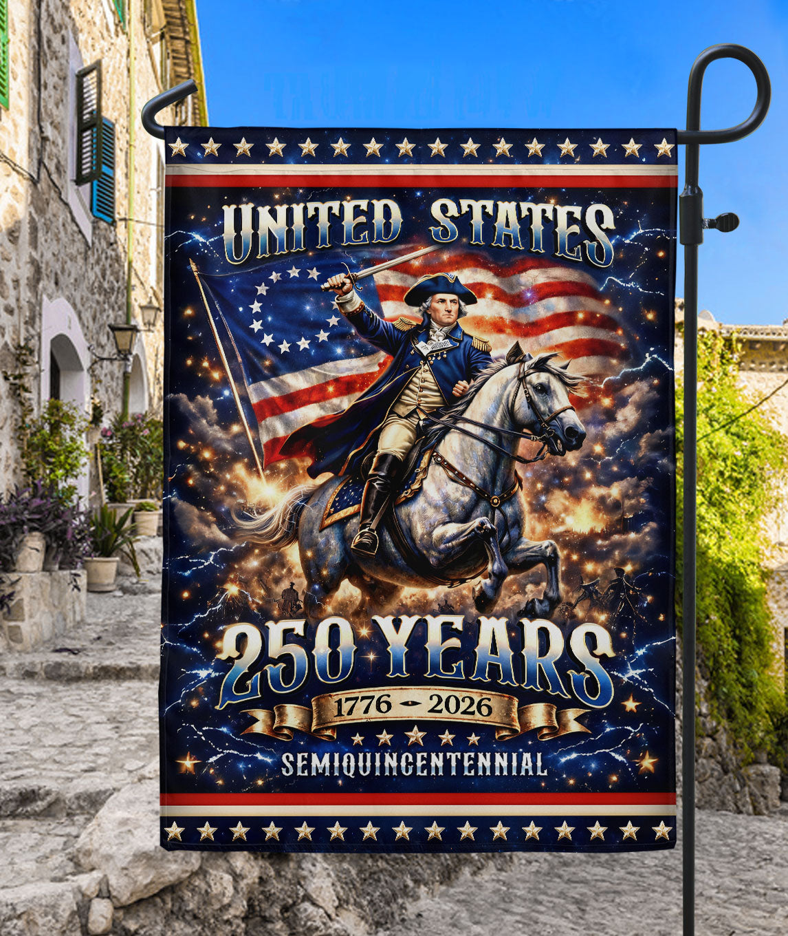 George Washington USA 250th Anniversary 1776-2026 Garden Flag – American Revolution General on Horse 250 Years Double Sided Outdoor Decor