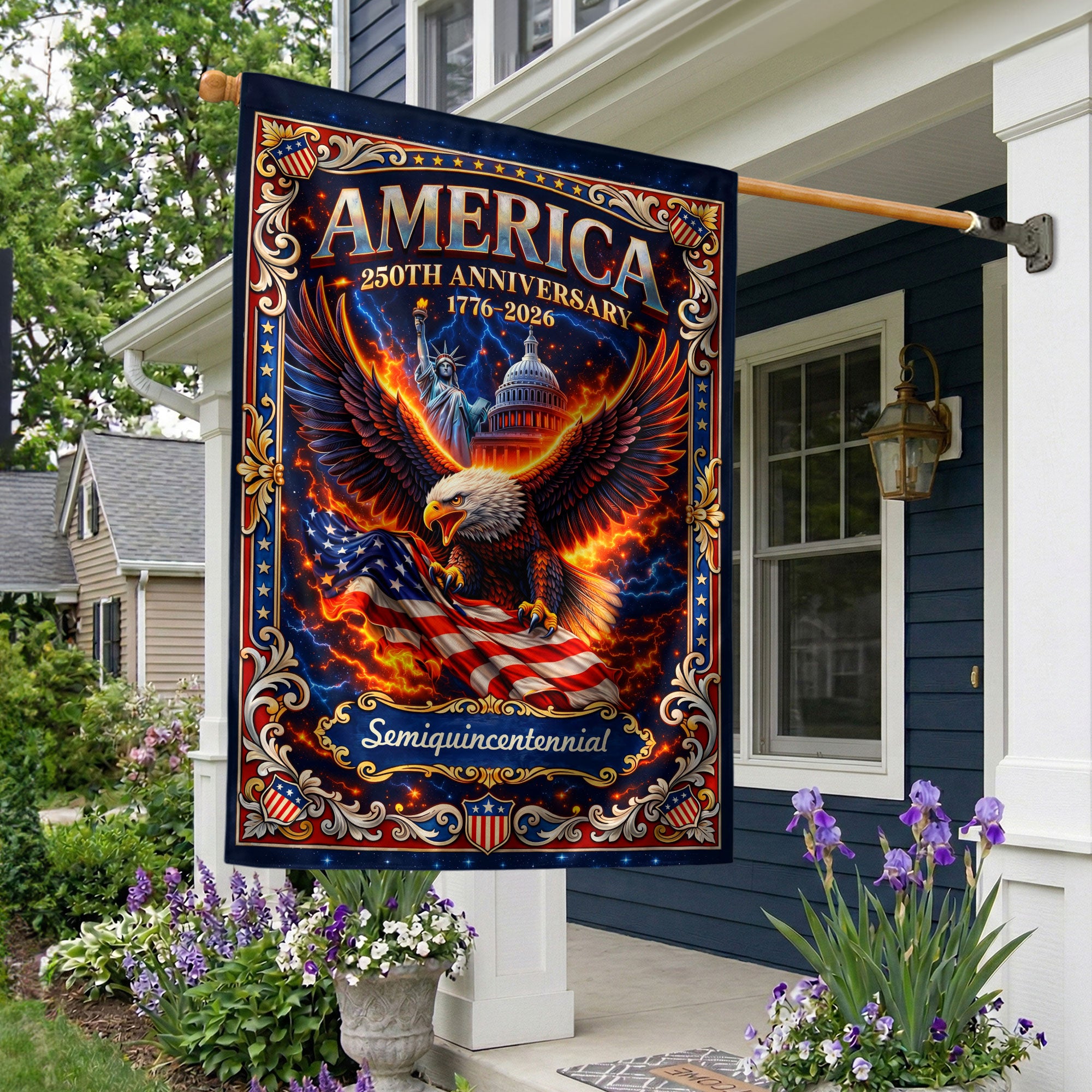 1776-2026 America 250th Anniversary Garden Flag – Bald Eagle & US Capitol Statue of Liberty 250 Years Double Sided Banner