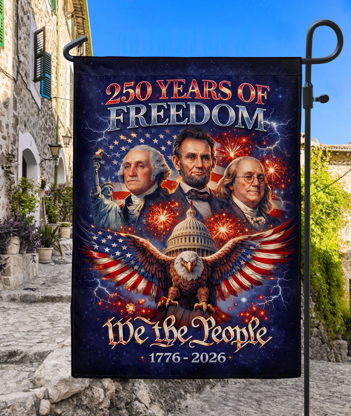 America 250 Years of Freedom 1776-2026 Garden Flag – Founders Washington Lincoln Franklin 250th Anniversary Double Sided Banner