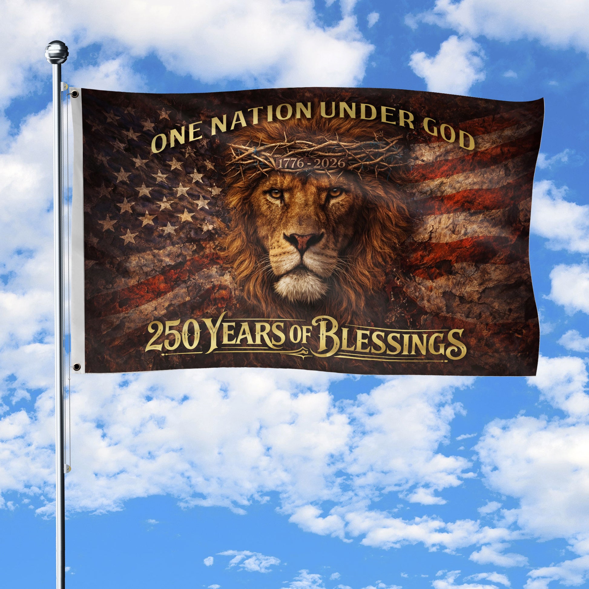 America 250th Anniversary Flag 1776-2026 – Lion of Judah & Sailing Ship One Nation Under God 250 Years Double-Sided Banner - Rust Field Wear