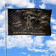 250 Years America Anniversary 1776-2026 Double-Sided Tactical Flag – Spartan Warrior Skull Cross Patriotic House Banner - Rust Field Wear