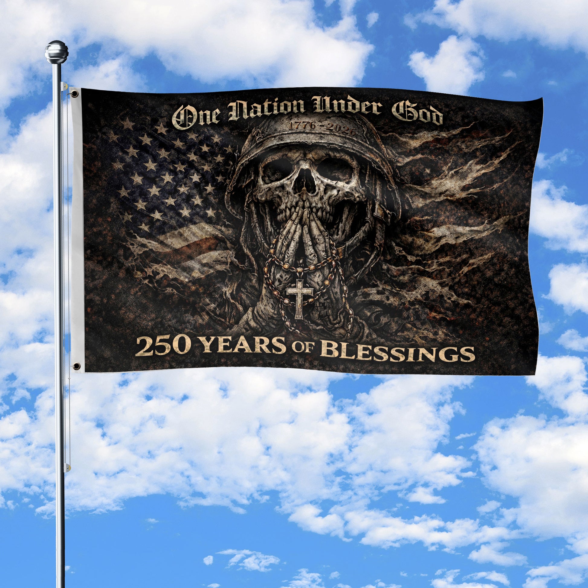 250 Years America Anniversary 1776-2026 Double-Sided Tactical Flag – Spartan Warrior Skull Cross Patriotic House Banner - Rust Field Wear