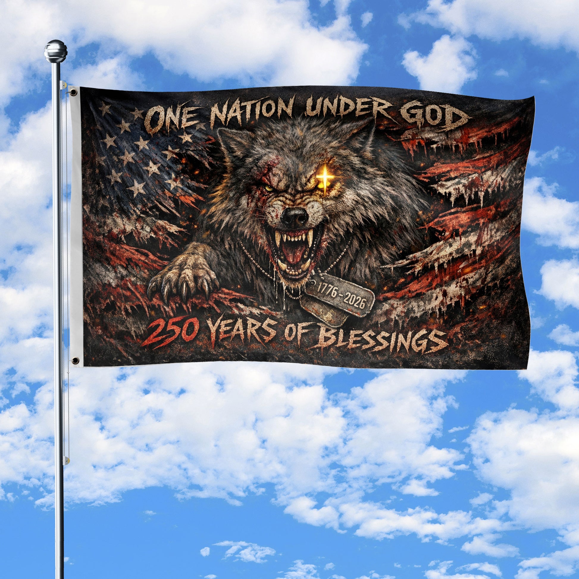 USA 250th Anniversary Flag 1776-2026 – Patriotic Wolf One Nation Under God 250 Years Double-Sided Banner - Rust Field Wear