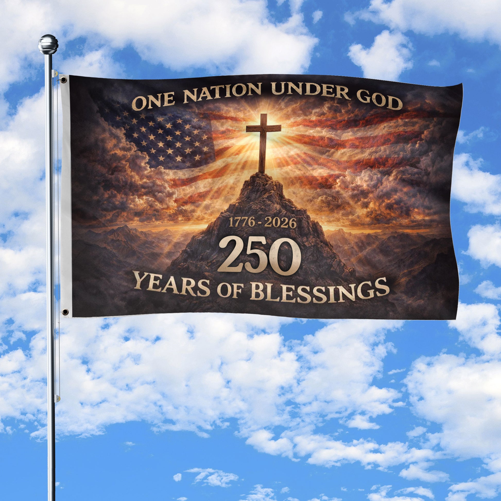 USA One Nation Under God 1776-2026 250th Anniversary Flag - Christian Patriotic 250 Years of Blessings Double-Sided House Flag - Rust Field Wear