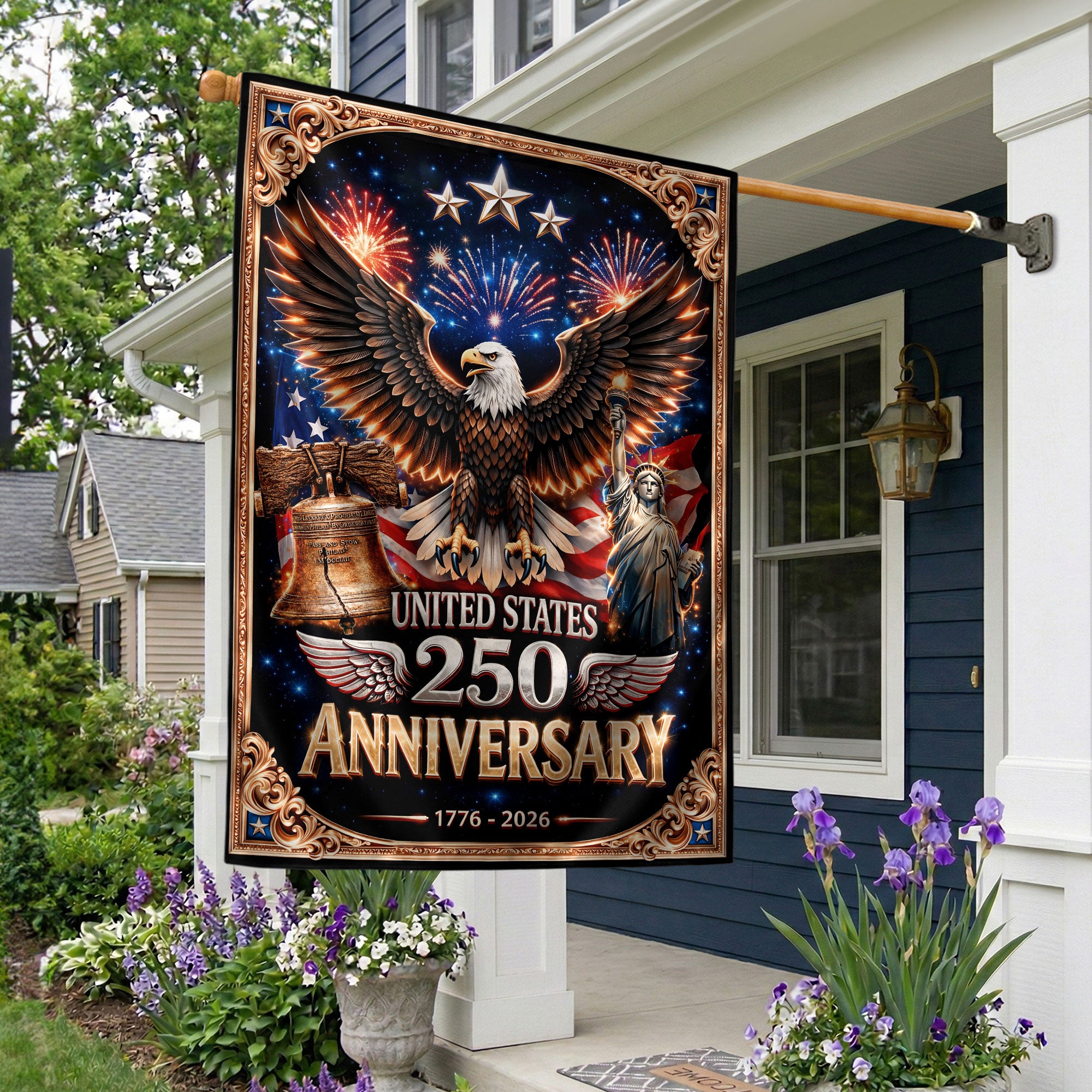 USA 250 Years 1776–2026 House Flag – Patriotic Fireworks & Liberty Heritage Double Sided Outdoor Decor