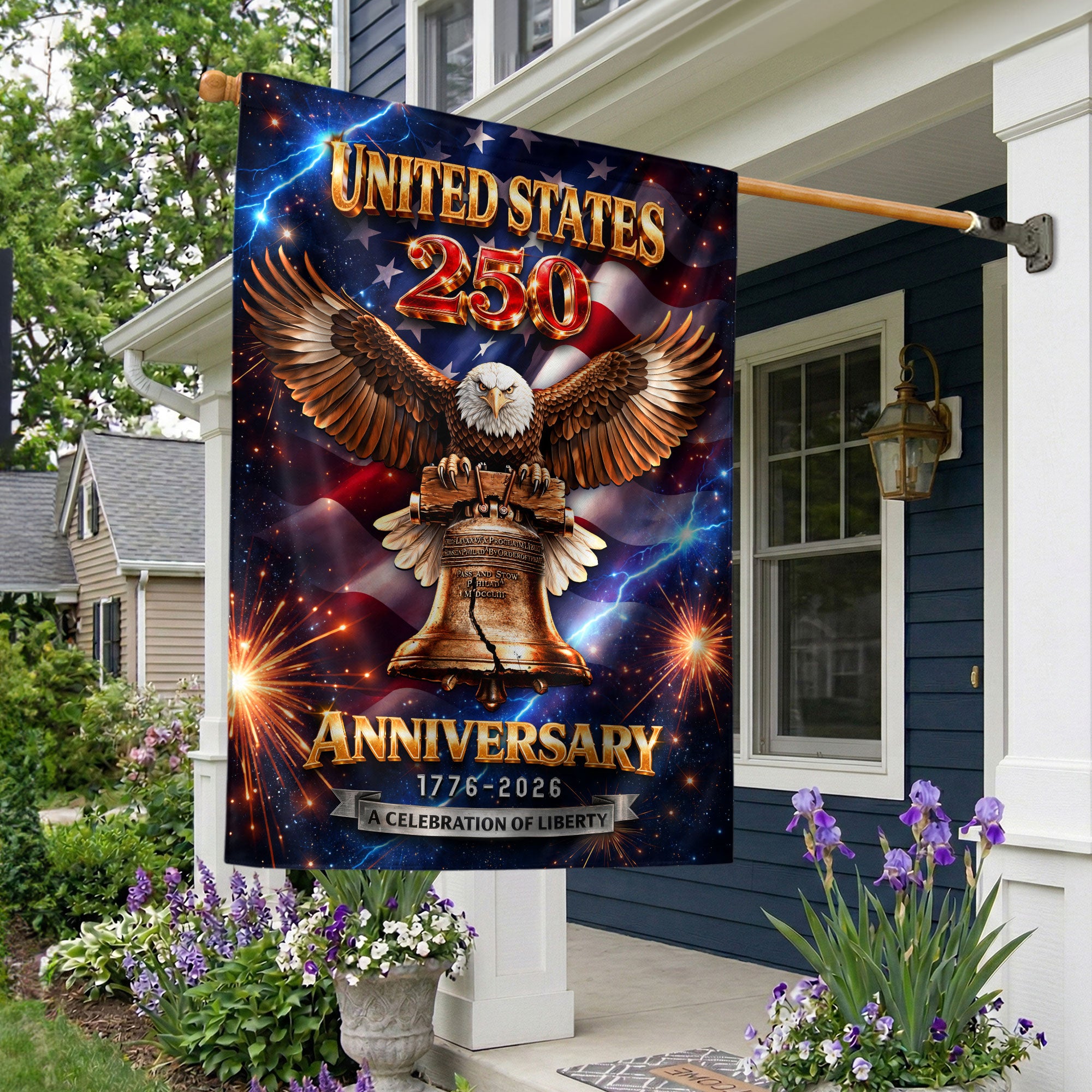 America 250th Anniversary 1776–2026 House Flag – Liberty Bell & Bald Eagle Lightning Fireworks Double Sided Outdoor Banner