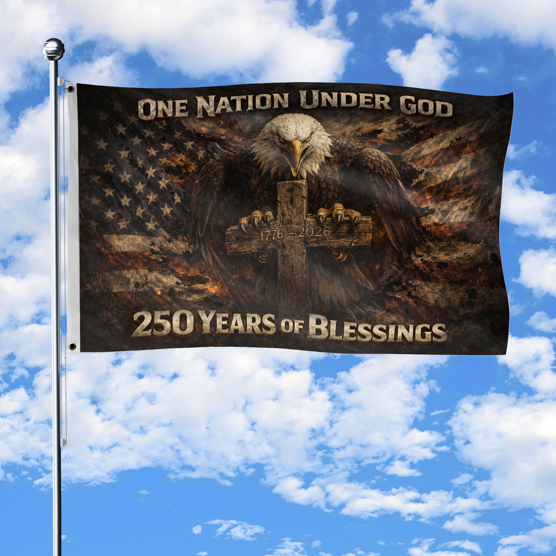America 250th Anniversary Flag 1776-2026 – One Nation Under God Bald Eagle Cross 250 Years Double-Sided Banner - Rust Field Wear