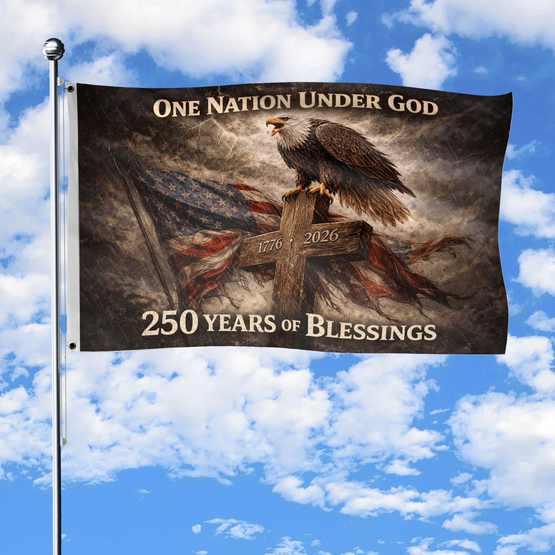 USA 250th Anniversary Flag 1776-2026 – One Nation Under God 250 Years of Blessings Eagle Cross Double-Sided House Flag - Rust Field Wear