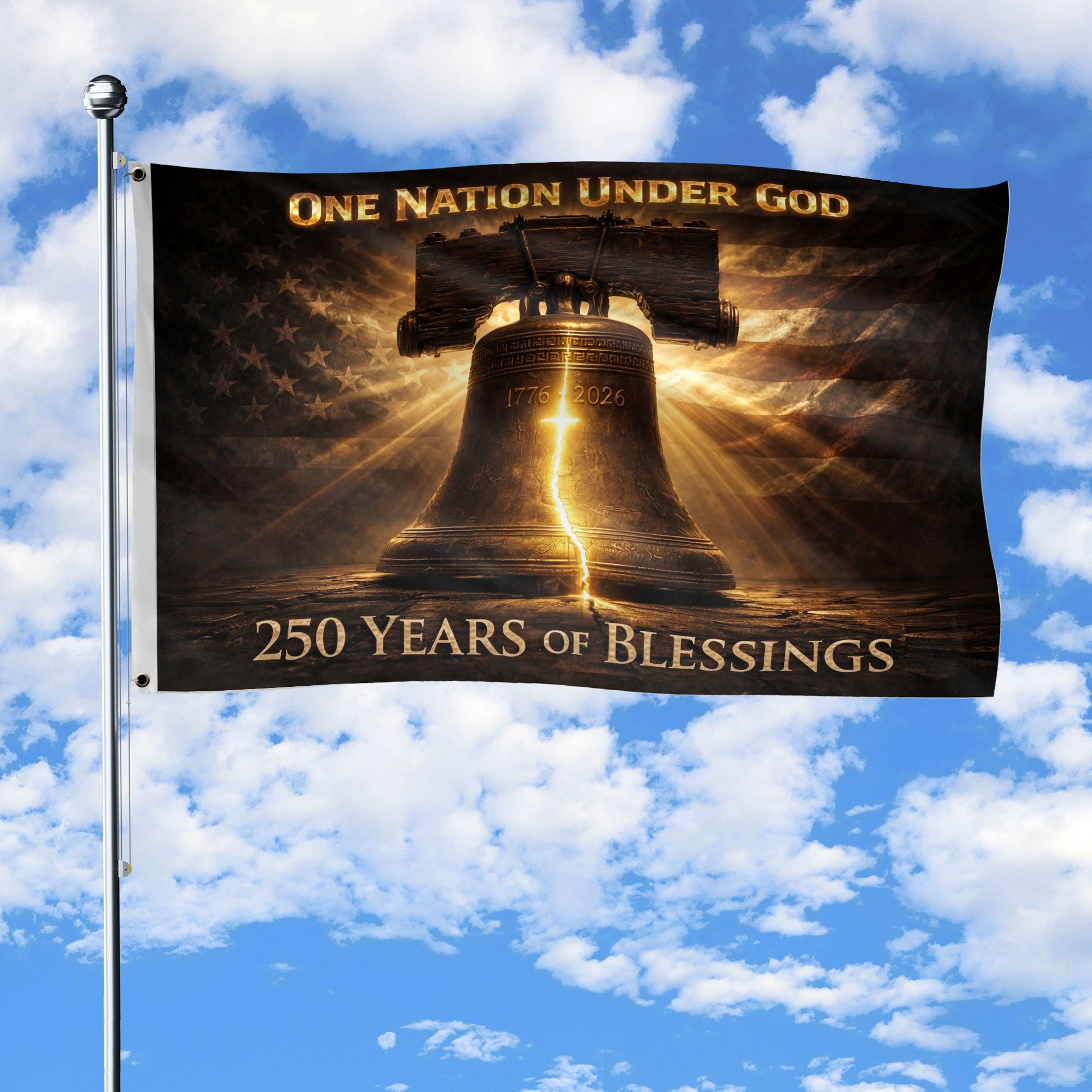 America 250th Anniversary Flag 1776-2026 – Liberty Bell & Glowing Cross One Nation Under God Double-Sided Banner - Rust Field Wear