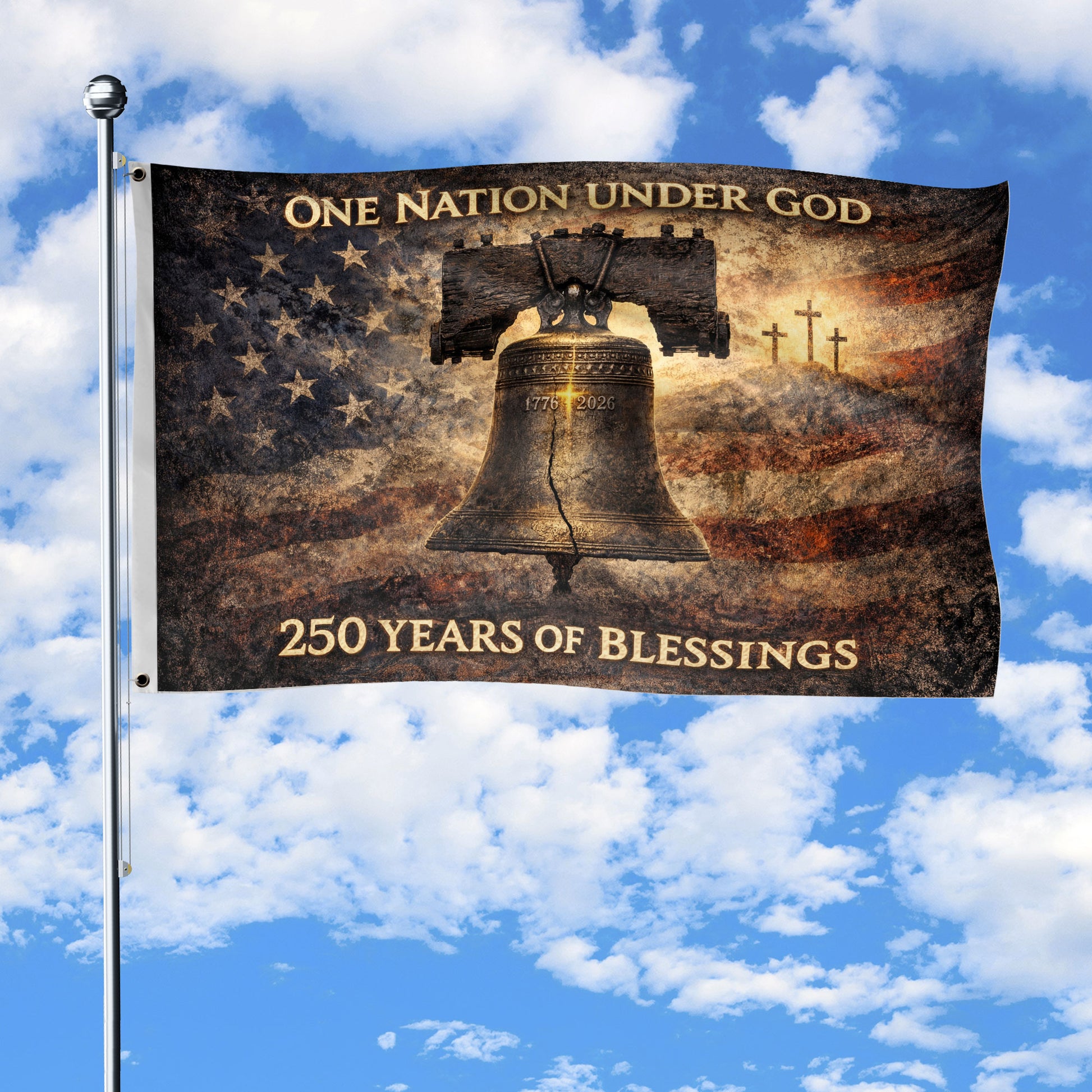 USA 250th Anniversary Flag 1776-2026 – Liberty Bell & Cross 250 Years of Blessings One Nation Under God Banner - Rust Field Wear