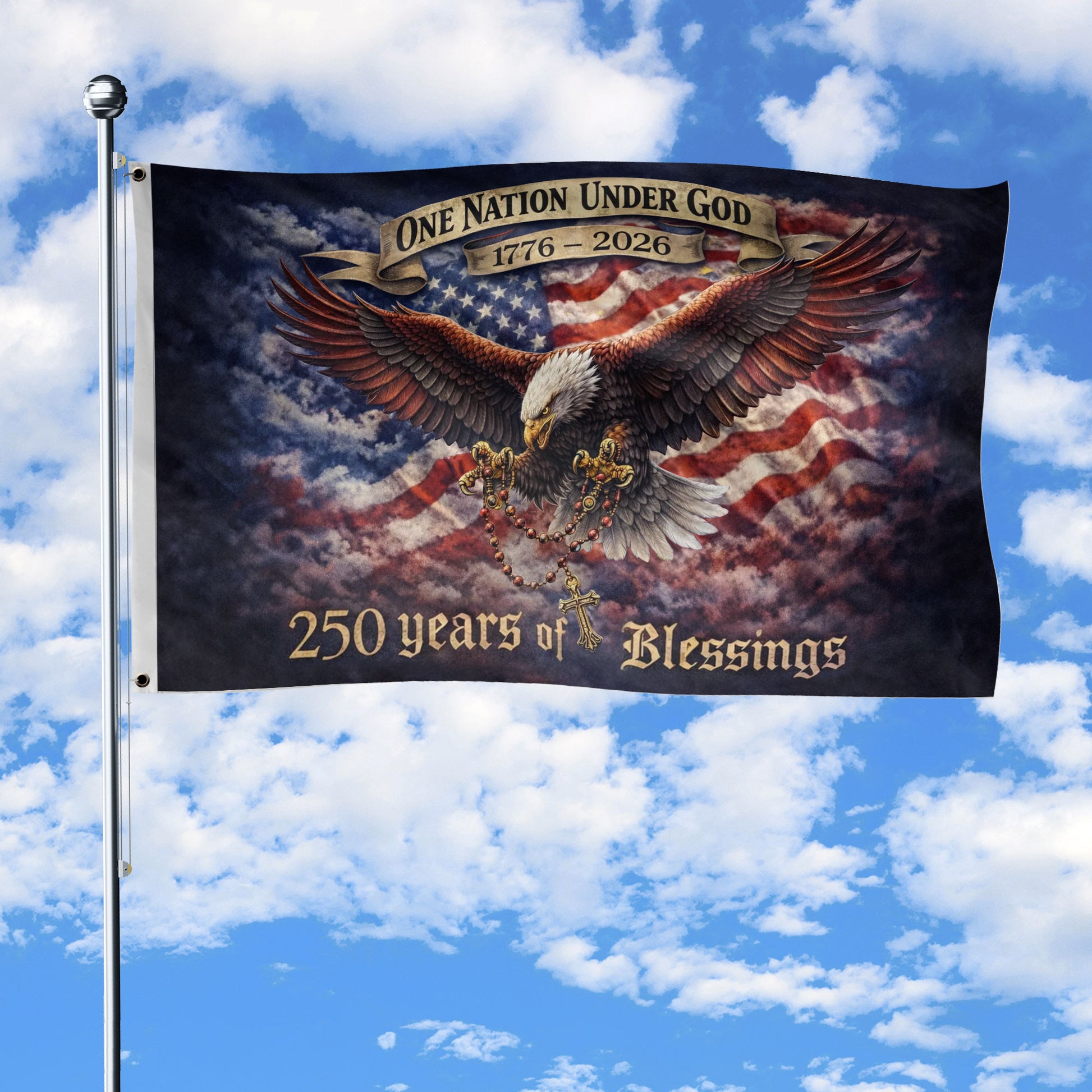 USA 250th Anniversary 1776-2026 Double Sided Flag – Flying Eagle 250 Years of Blessings One Nation Under God Decor - Rust Field Wear