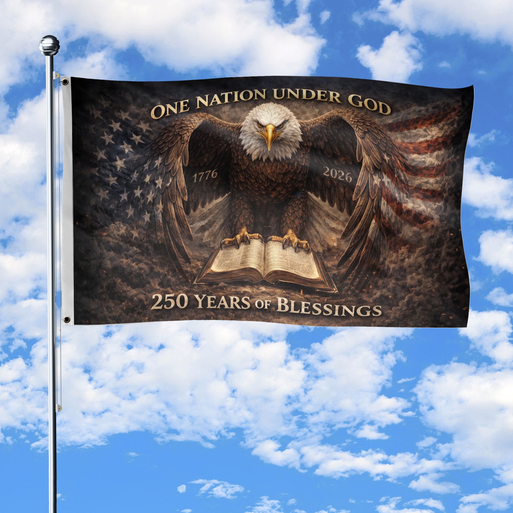 250 Years America Anniversary 1776-2026 Double Sided Flag – Eagle Holy Bible 250 Years of Blessings Religious Patriotic Banner - Rust Field Wear