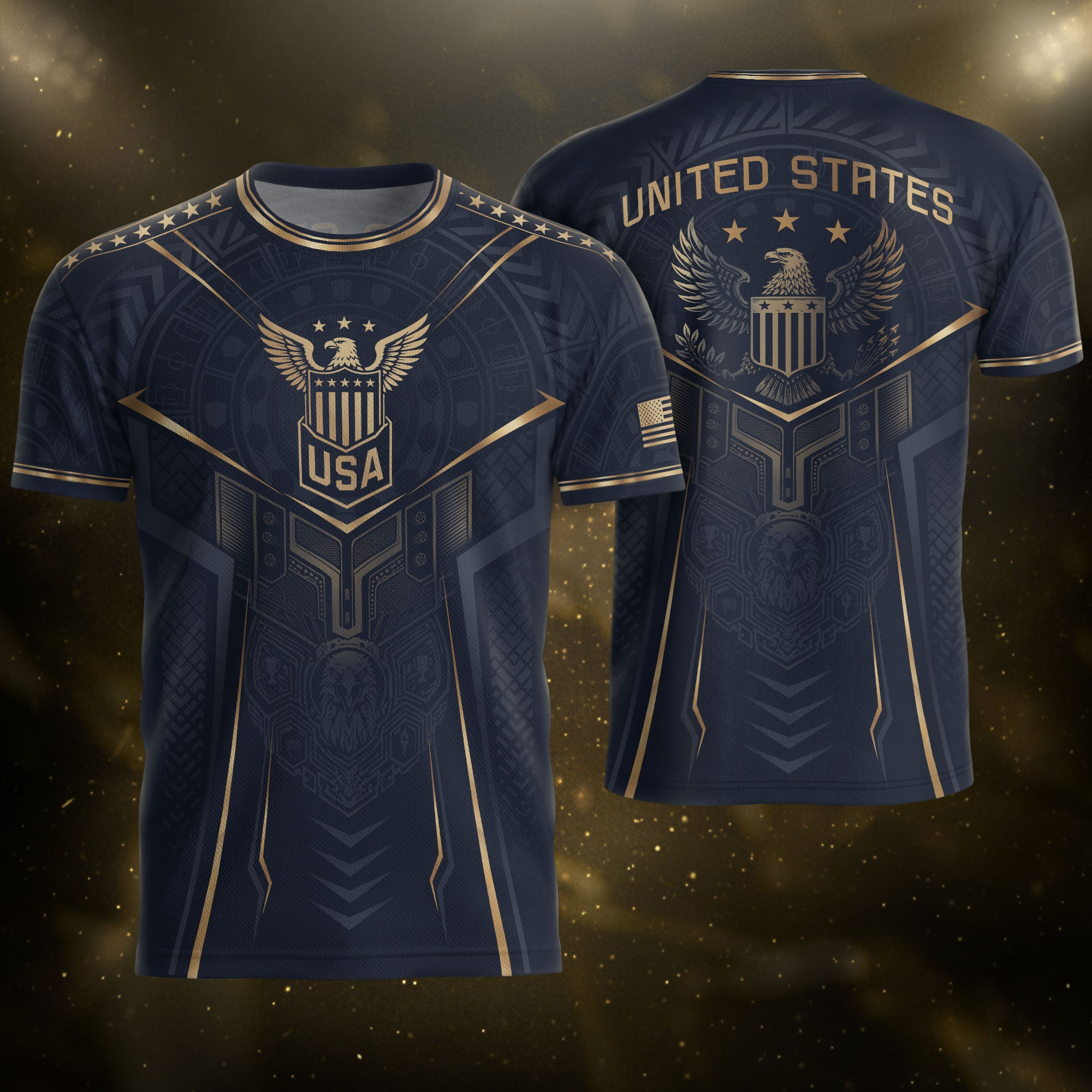 USA Soccer Jersey Navy Gold Eagle Shield Graphic Sports Tee for Soccer Fans
