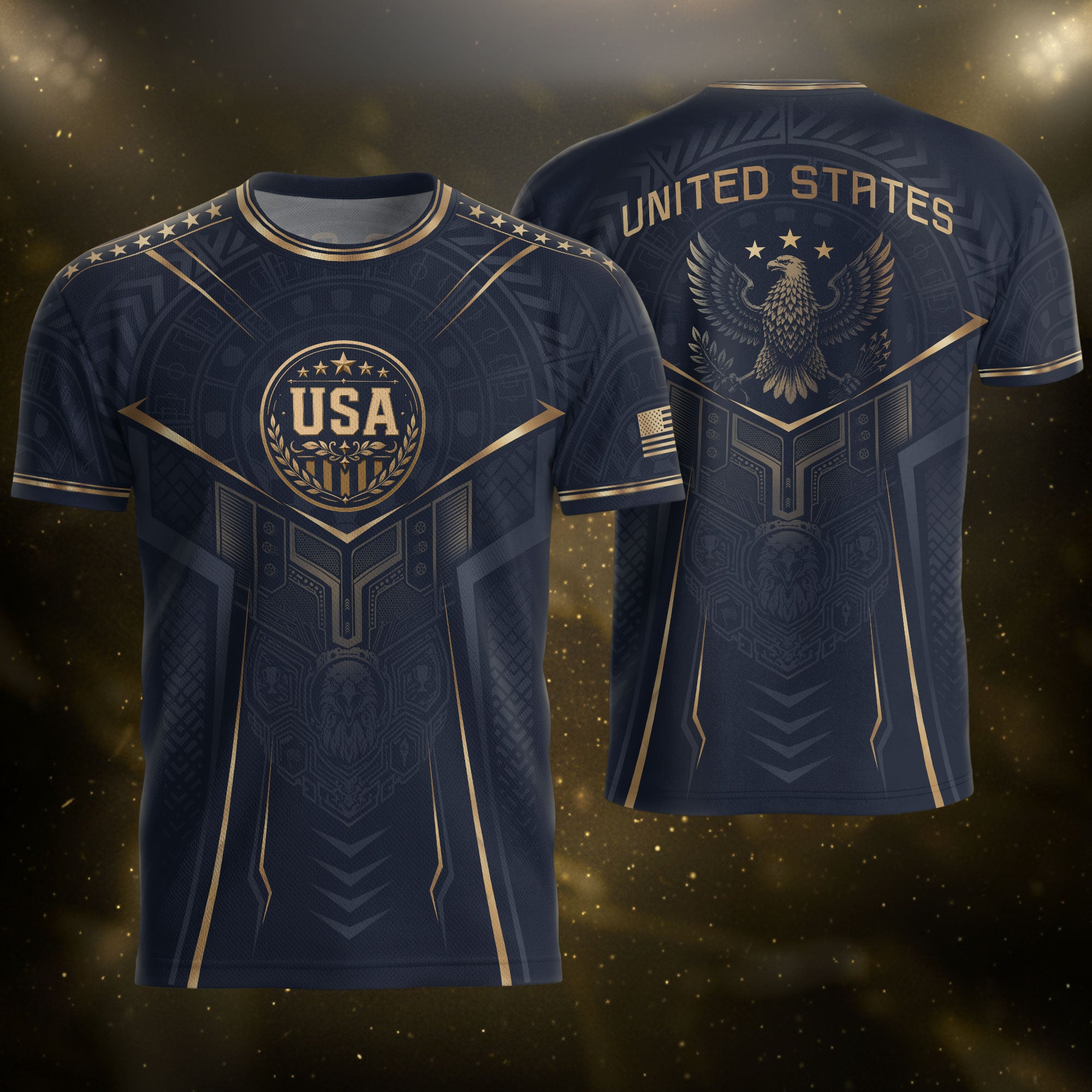 USA Soccer Jersey Navy Gold Eagle Shield Graphic Sports Tee for Soccer Fans