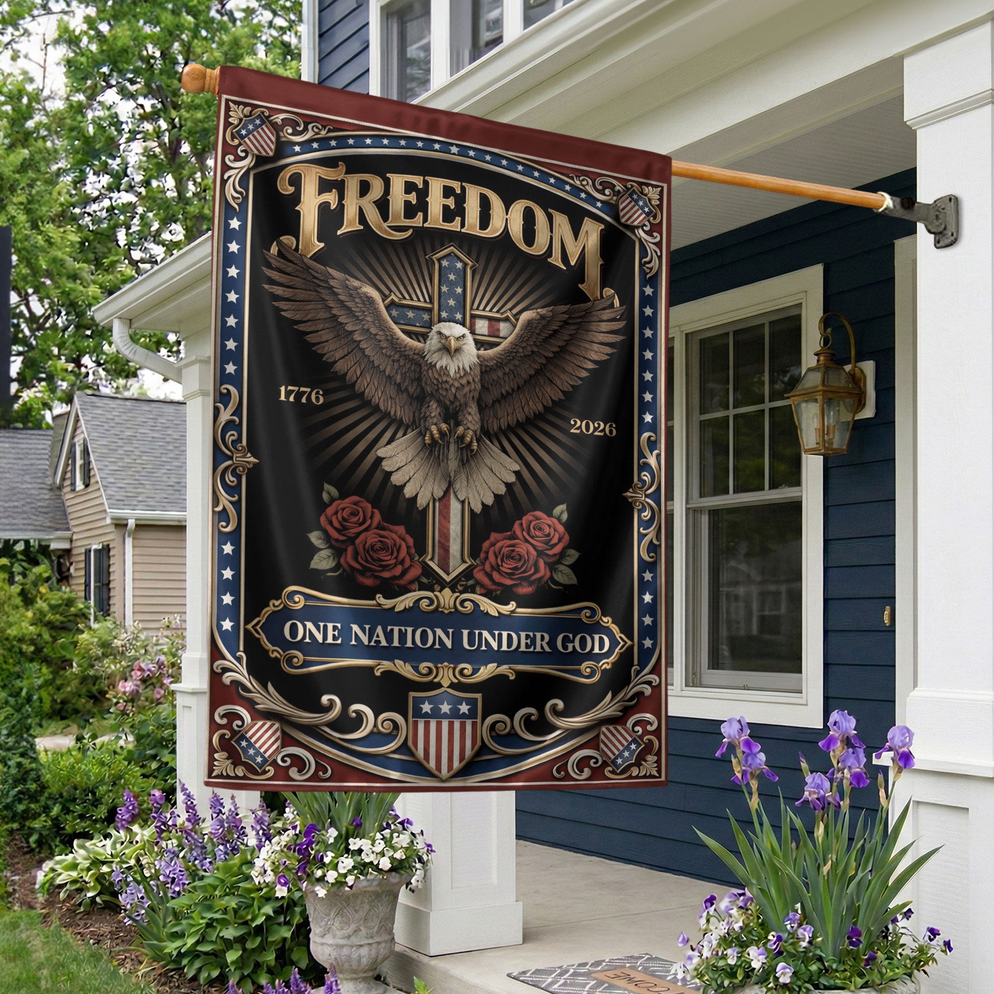 250th Anniversary USA House Flag – One Nation Under God, We The People, Cross House Flag, Faith and Freedom, 250 Years of Freedom Flag