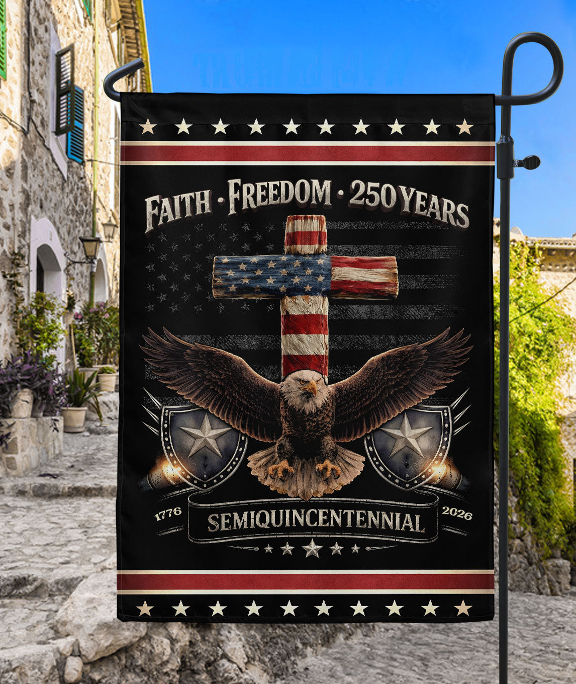 Patriotic Garden Flag 250th Anniversary USA – One Nation Under God Cross Flag, We The People Flag, Faith and Freedom Yard Decor