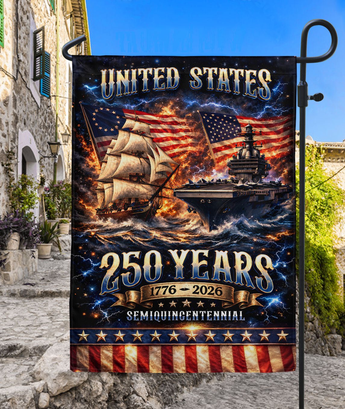 1776-2026 USA 250th Anniversary House Flag – Navy History & Modern Power Patriotic Double Sided Flag - Rust Field Wear