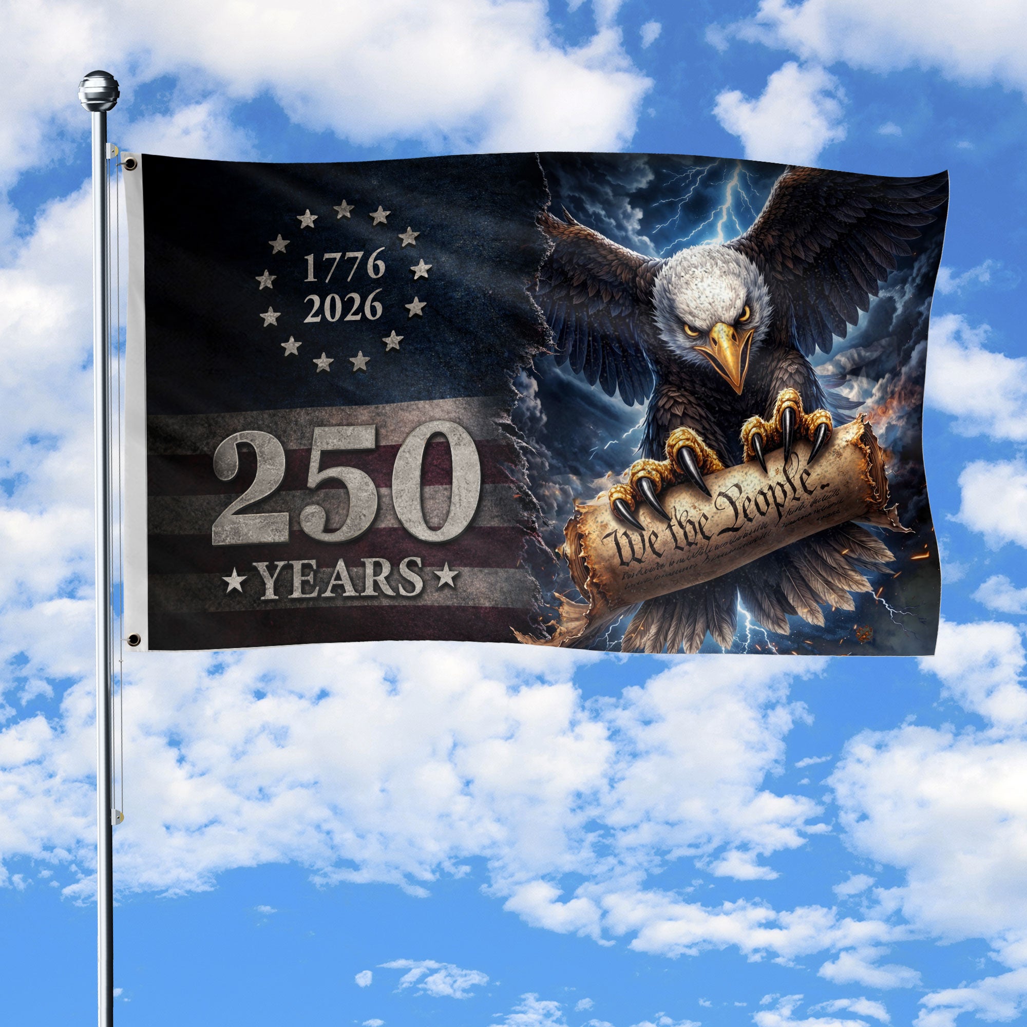 USA 250th Anniversary 1776–2026 House Flag – Vintage Bootleg Eagle Lightning We The People Double Sided Banner