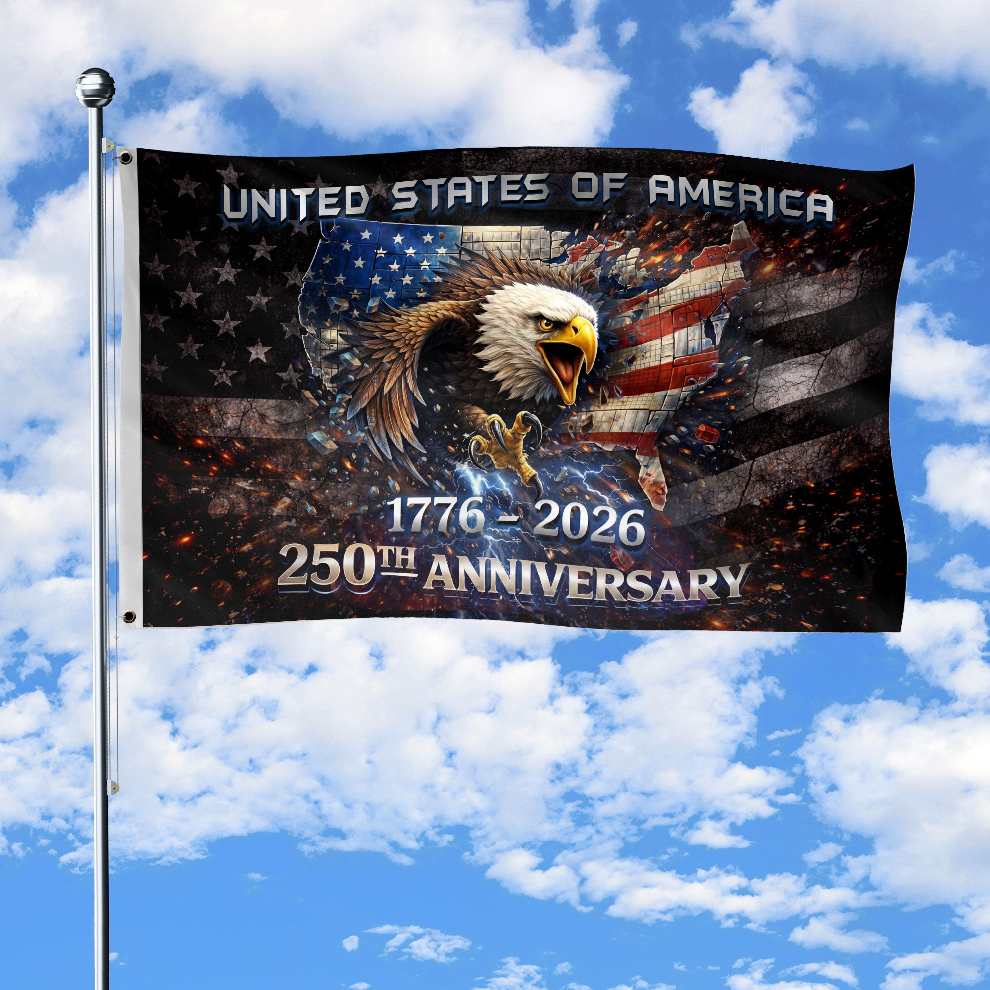 1776–2026 USA 250th Anniversary House Flag – Vintage Bootleg Eagle Lightning Patriotic Double Sided Flag