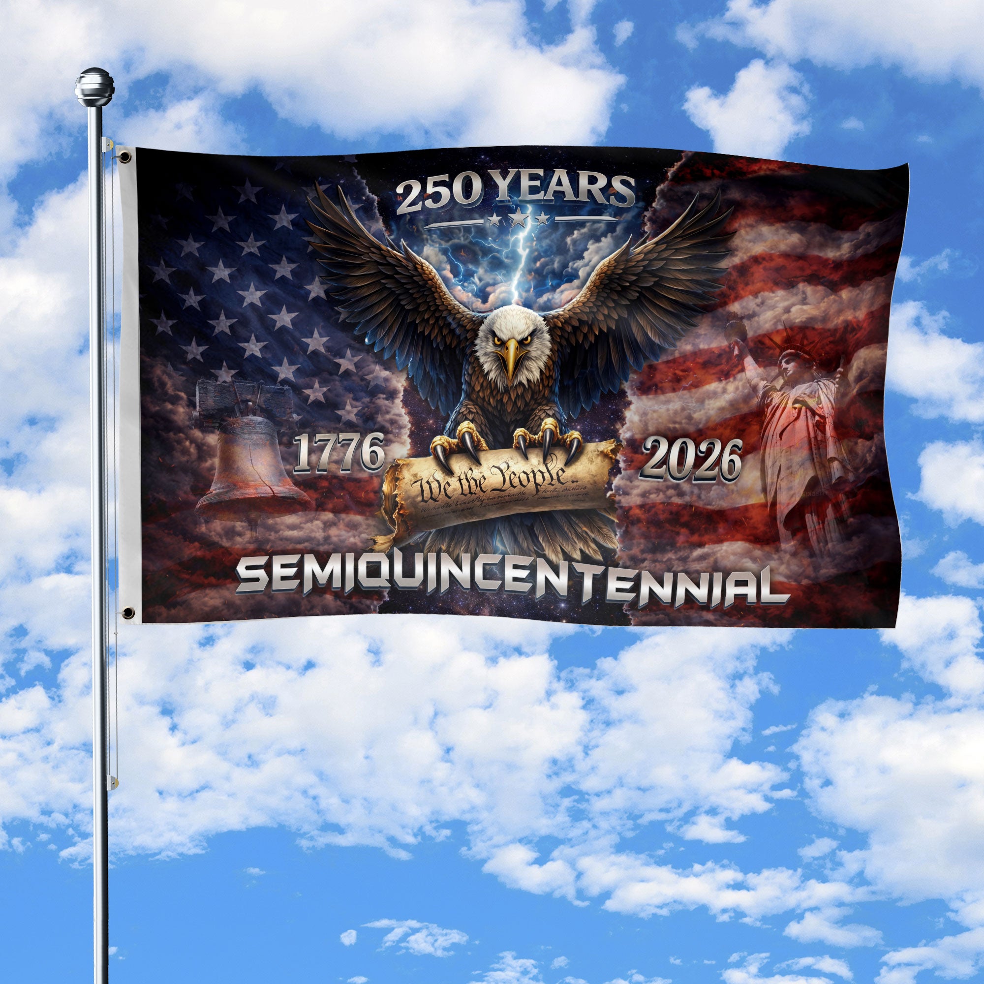USA 250th Anniversary 1776–2026 House Flag – Vintage Bootleg Eagle Liberty Bell We The People Double Sided