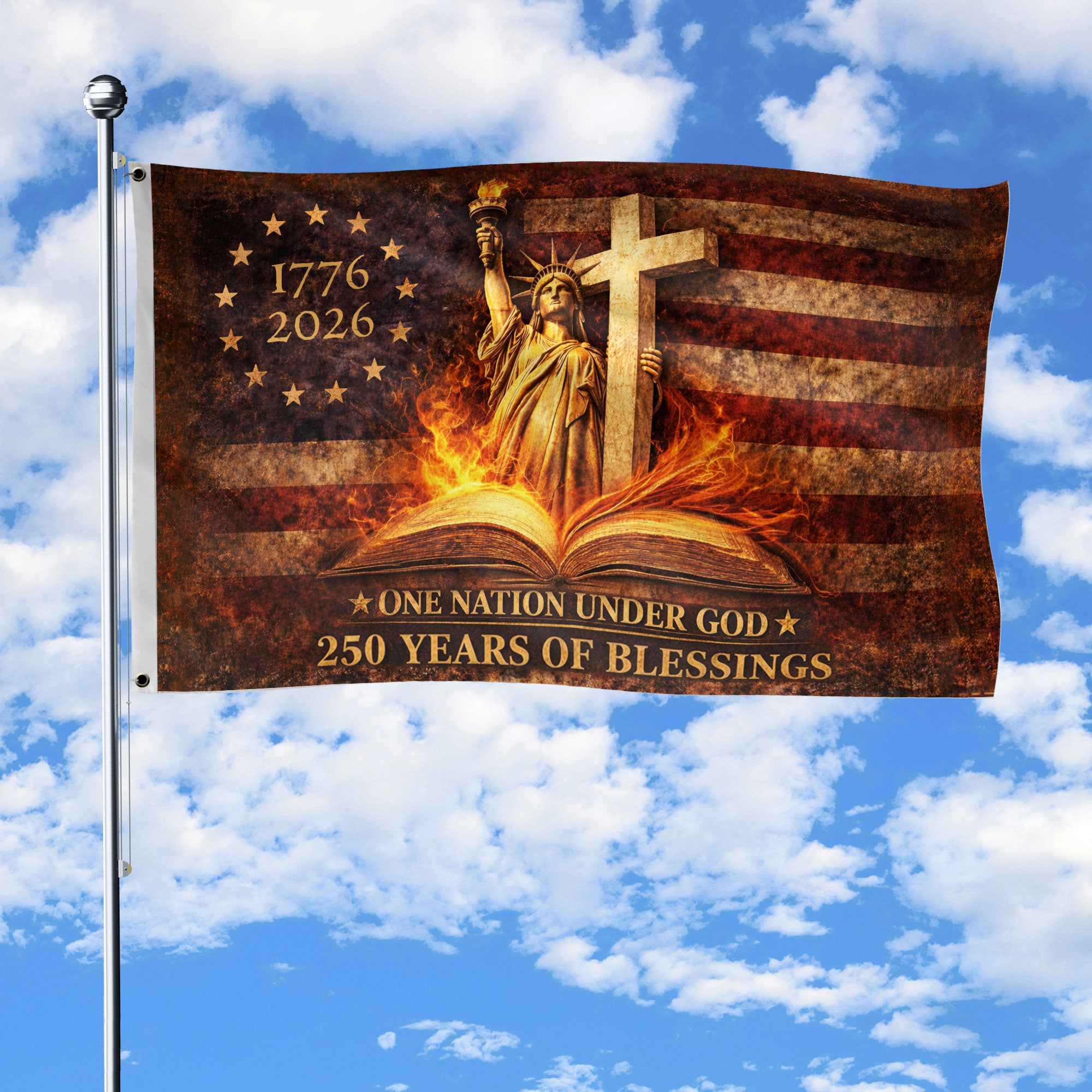 One Nation Under God 250th Anniversary Flag 1776–2026 – Lady Liberty & Holy Bible Christian Flag