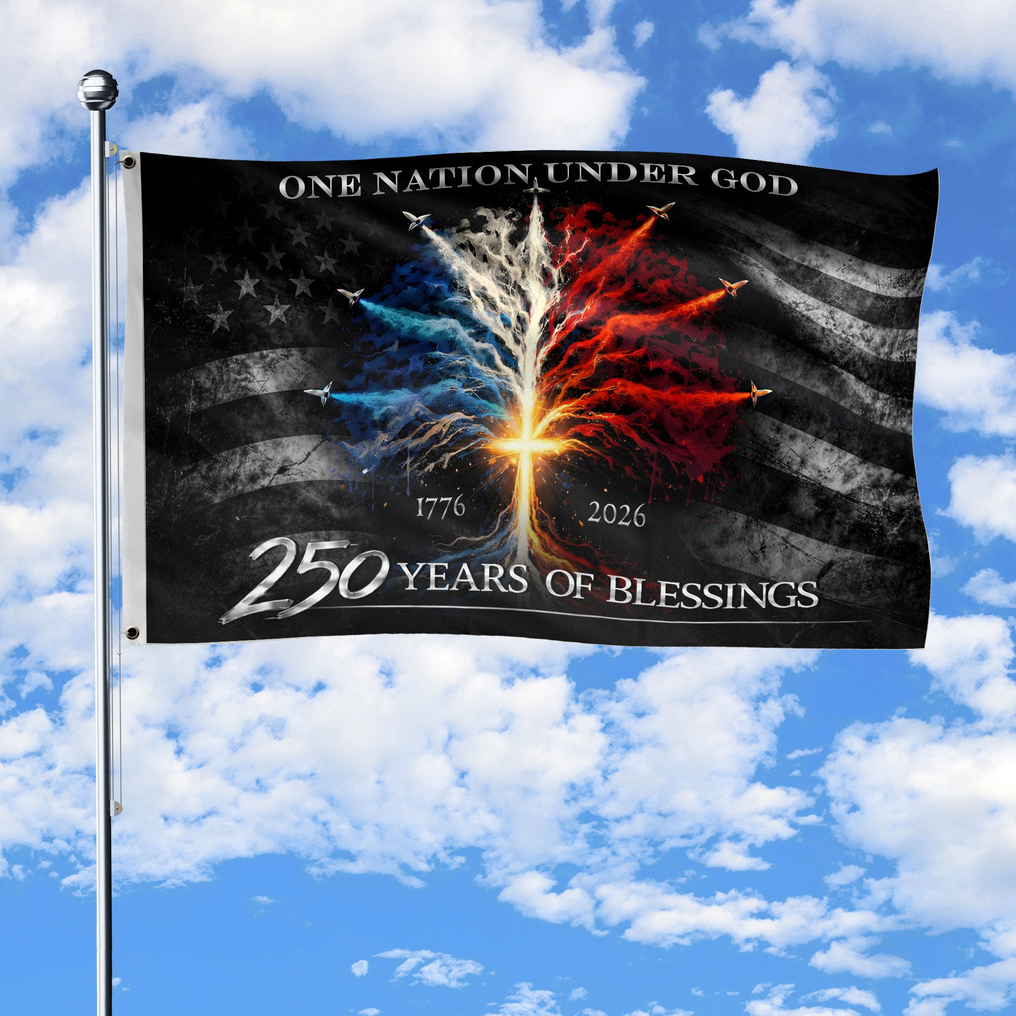 1776–2026 Christian Flag – Cross Tree & Jet Fighters Patriotic 250 Years Anniversary Banner