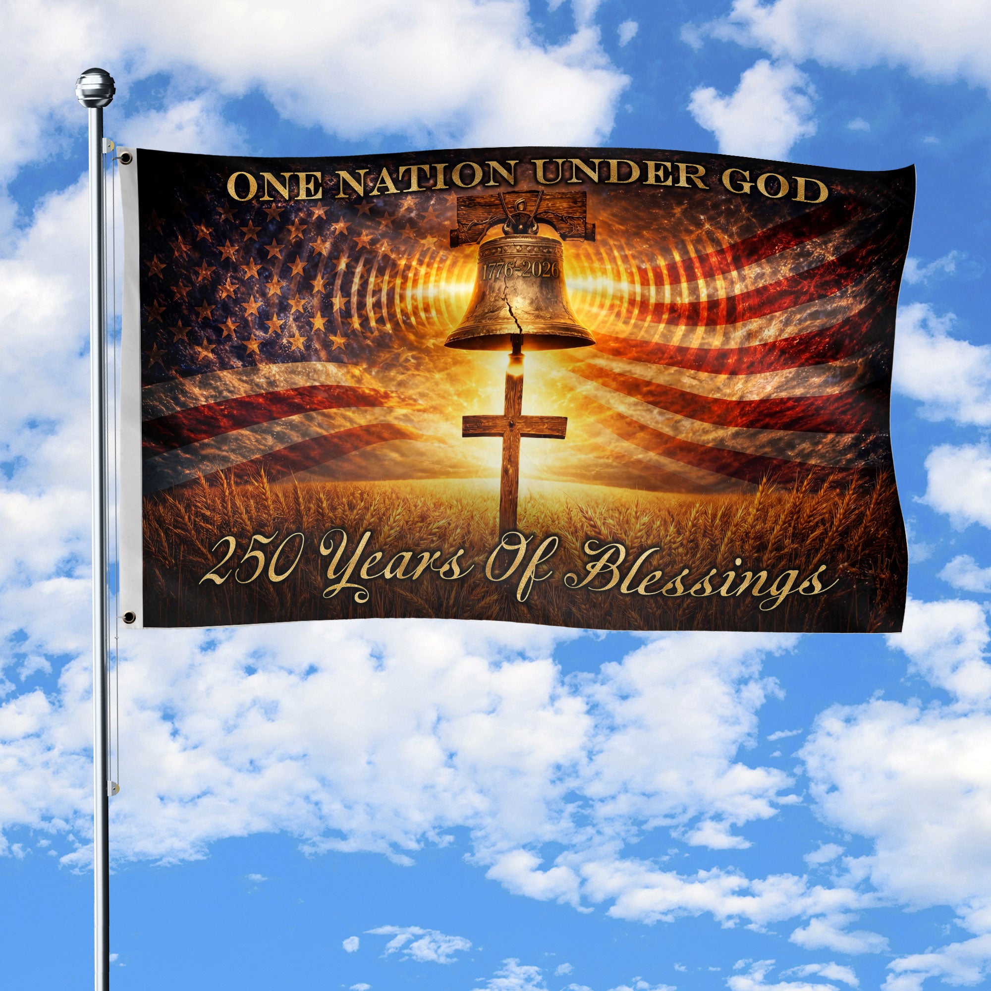250 Years of Blessings Flag 1776–2026 – Liberty Bell & Cross One Nation Under God Patriotic Banner
