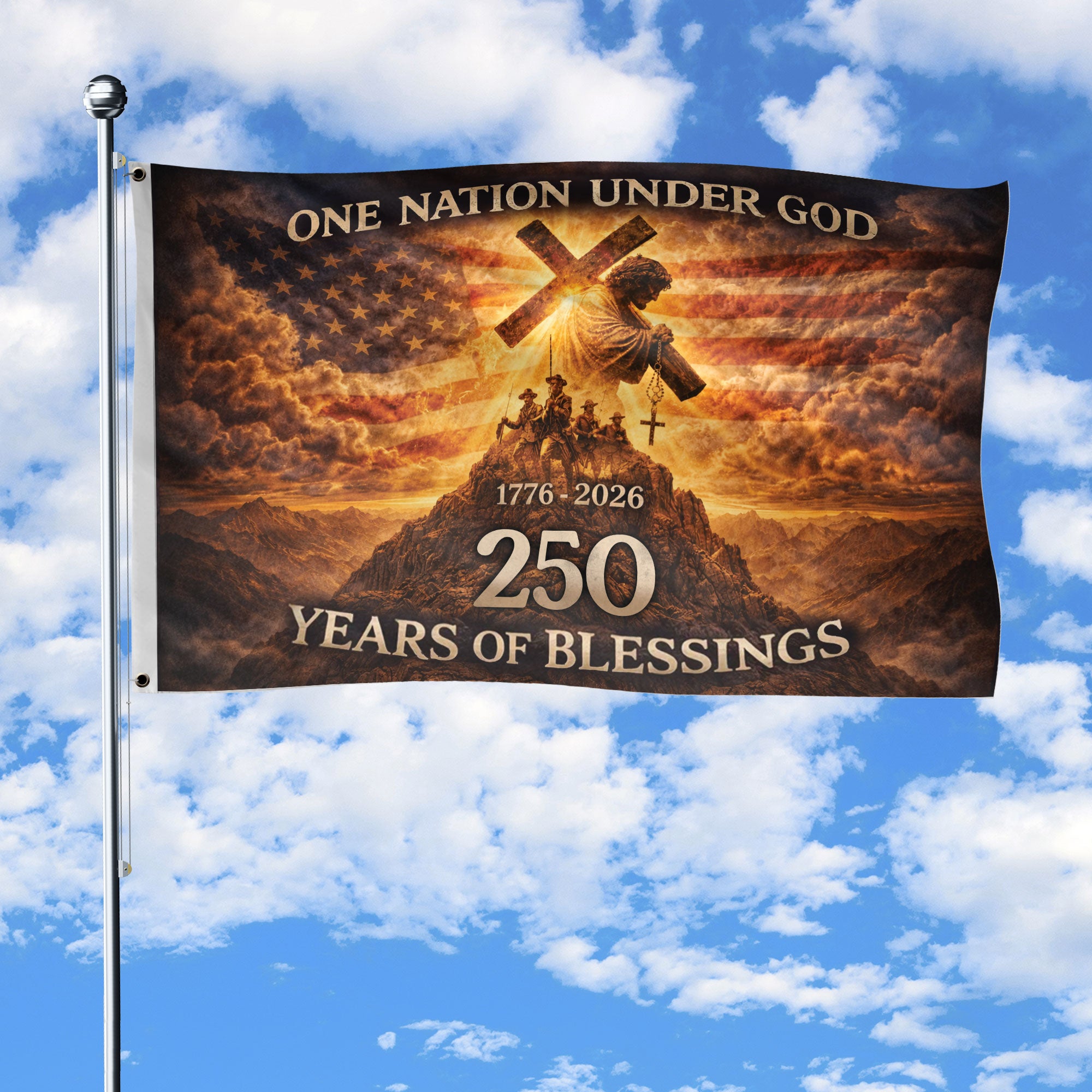 USA 250th Anniversary Flag 1776-2026 – One Nation Under God Christian Jesus & Soldiers Double Sided House Flag