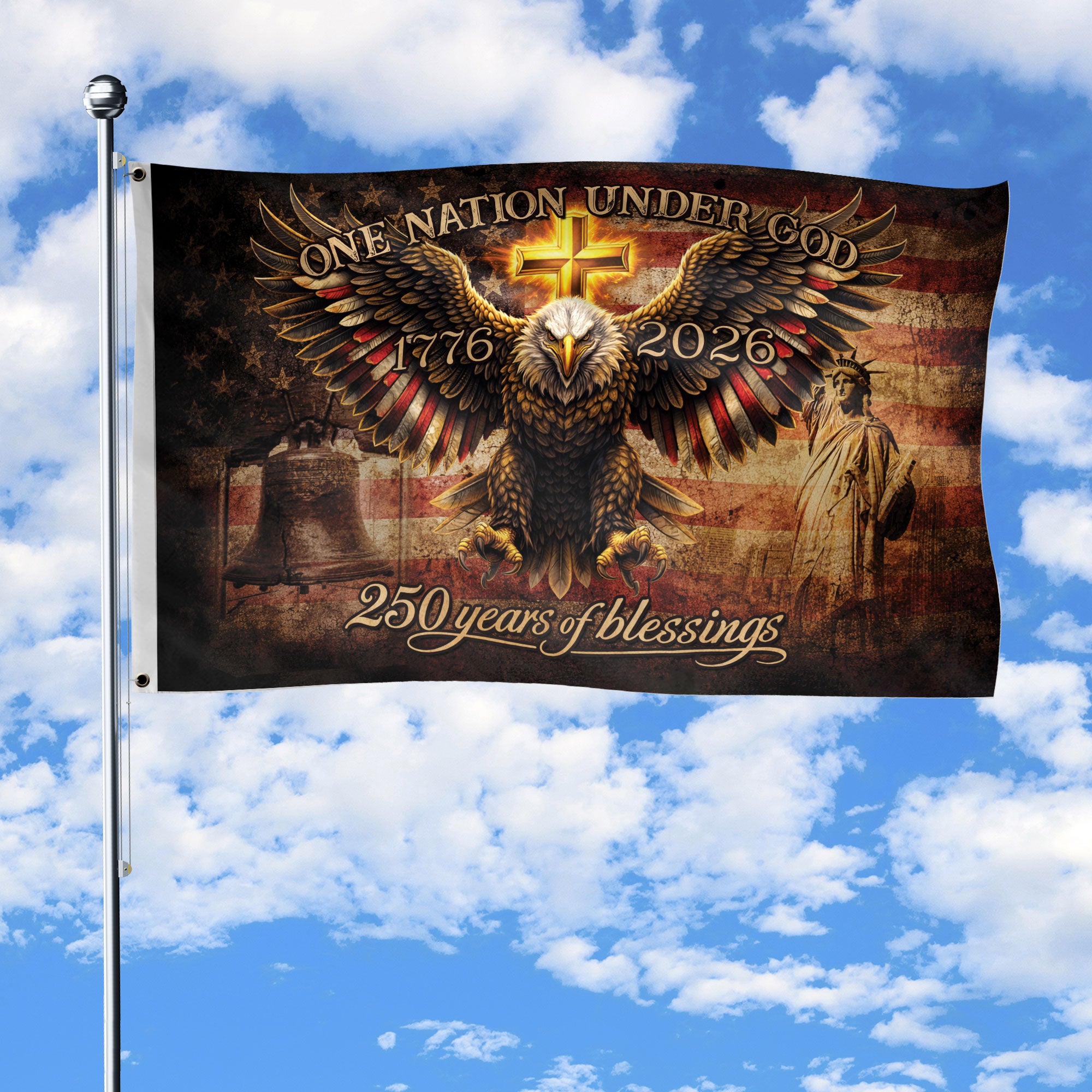 250 Years of Blessings USA Flag 1776-2026 – Patriotic Eagle & Liberty Bell Statue of Liberty Double Sided Outdoor Flag