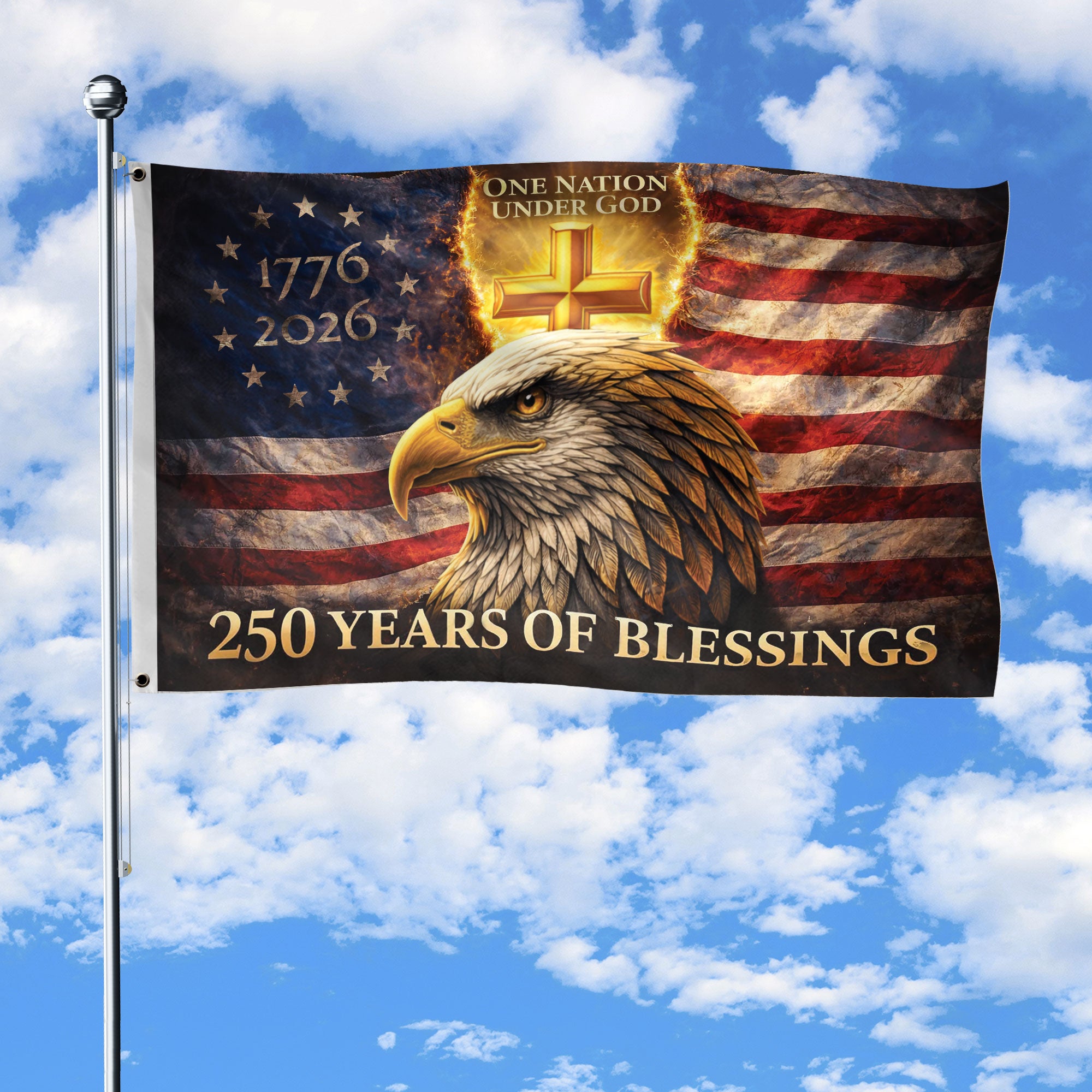 USA 250th Anniversary Eagle Flag 1776-2026 – One Nation Under God Christian Cross Double Sided Patriotic House Flag