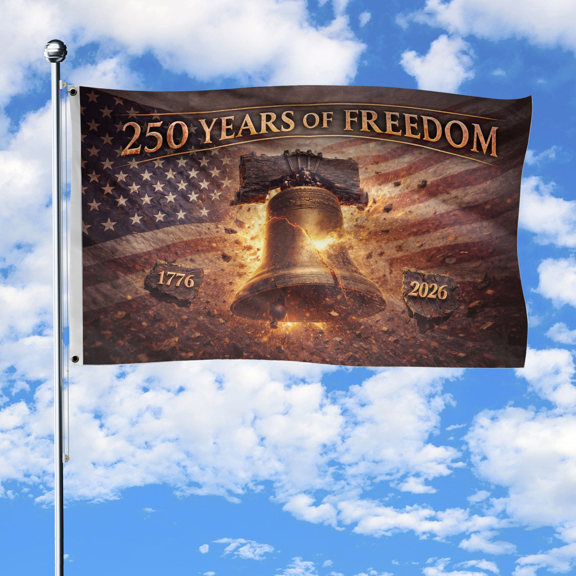 USA 250th Anniversary Freedom Flag 1776–2026 – Glowing Liberty Bell & Stars Double Sided House Banner