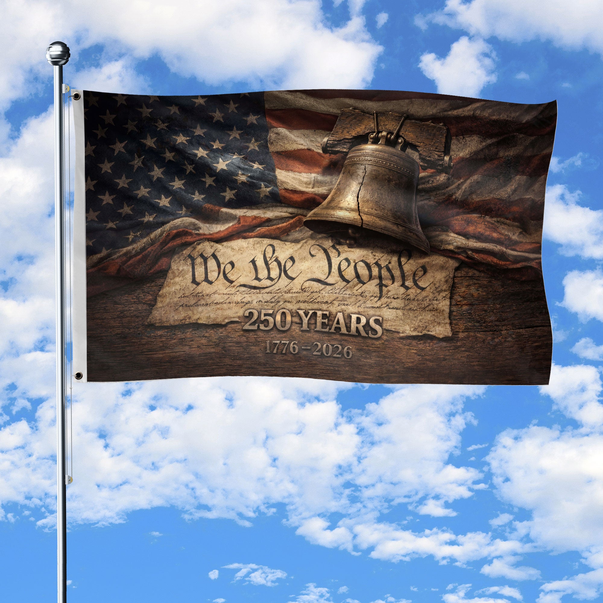 United States 250th Anniversary Flag 1776–2026 – Vintage Constitution & Liberty Bell Double Sided Patriotic Flag
