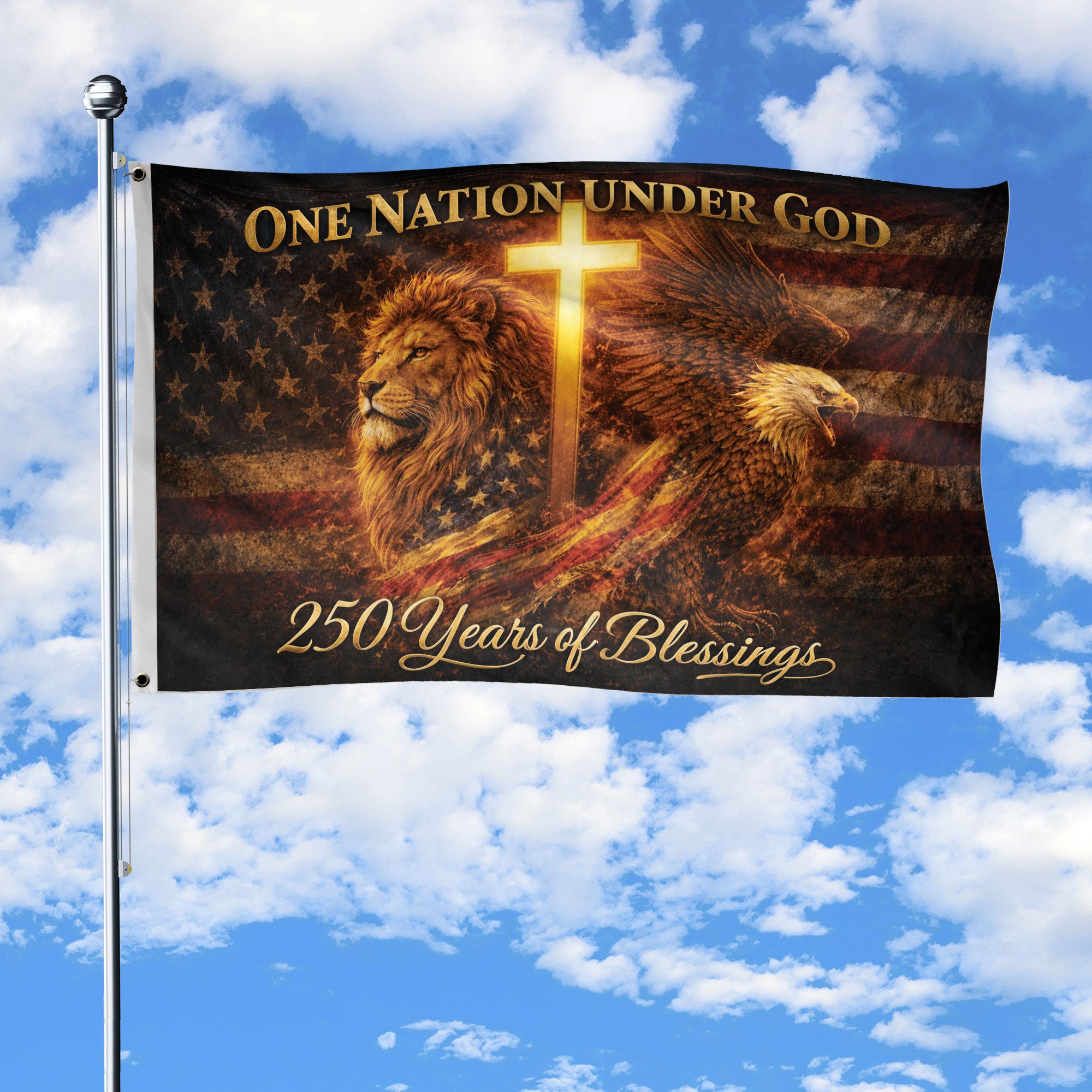 Christian Cross Lion Eagle House Flag 250th Anniversary USA Flag One Nation Under God