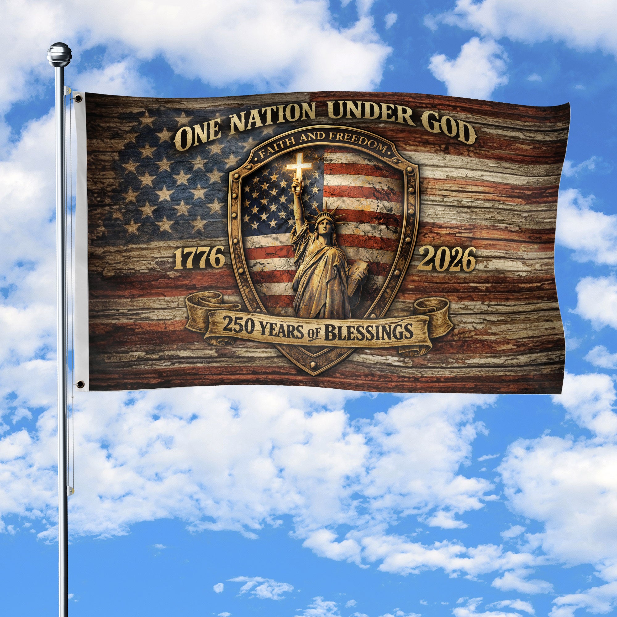 Christian Statue Liberty House Flag 250th Anniversary USA Flag One Nation Under God
