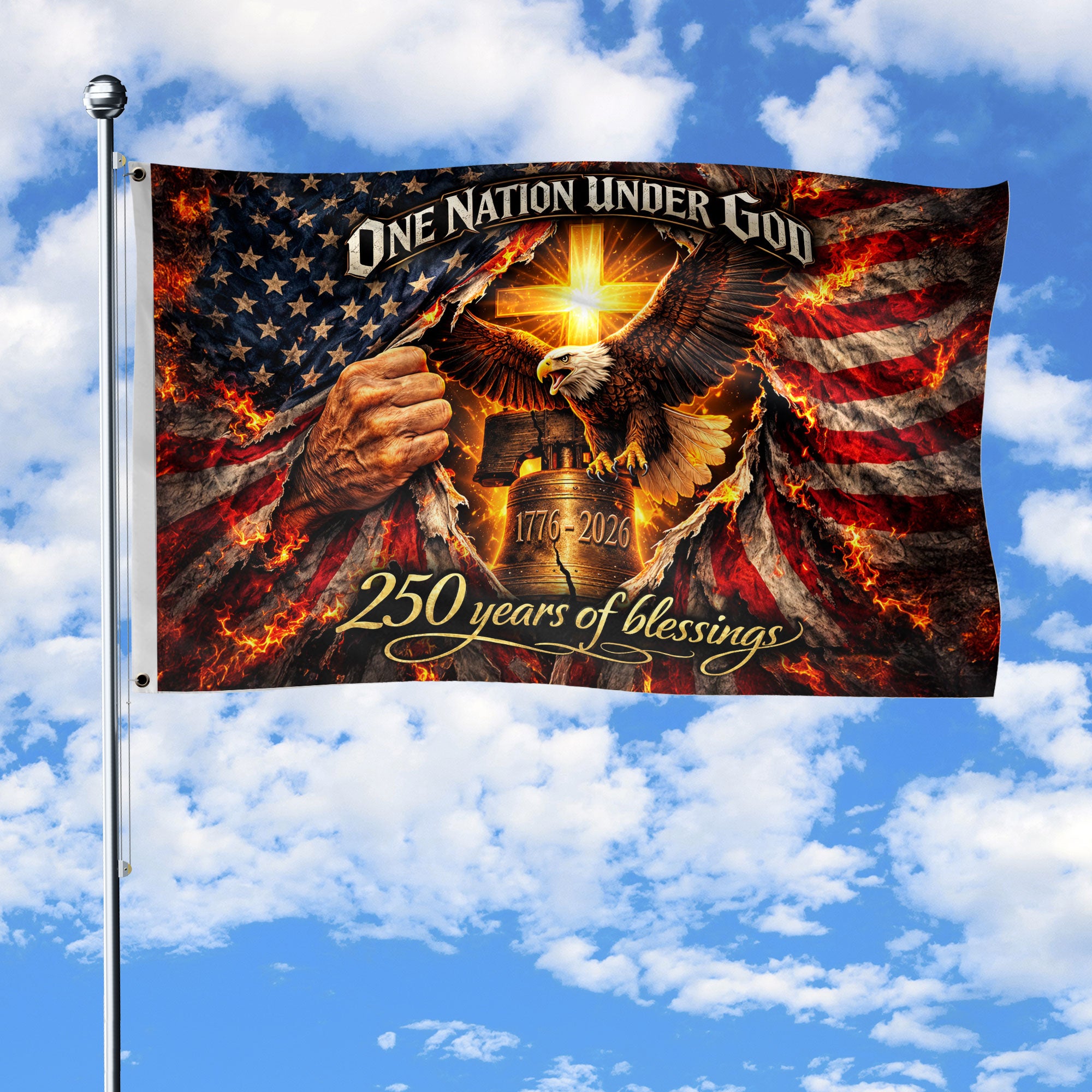 Patriotic House Flag Eagle Cross Liberty Bell One Nation Under God Banner