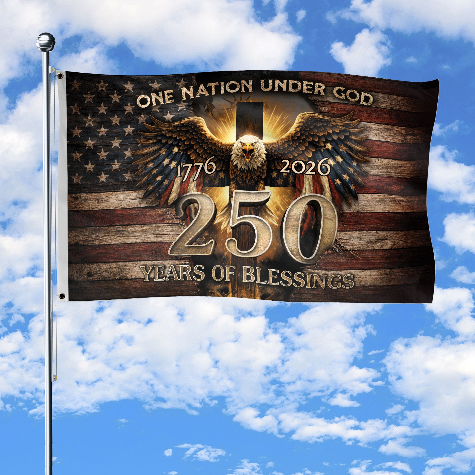 Patriotic Christian House Flag 250th Anniversary USA Flag 1776–2026 One Nation Under God Eagle Cross