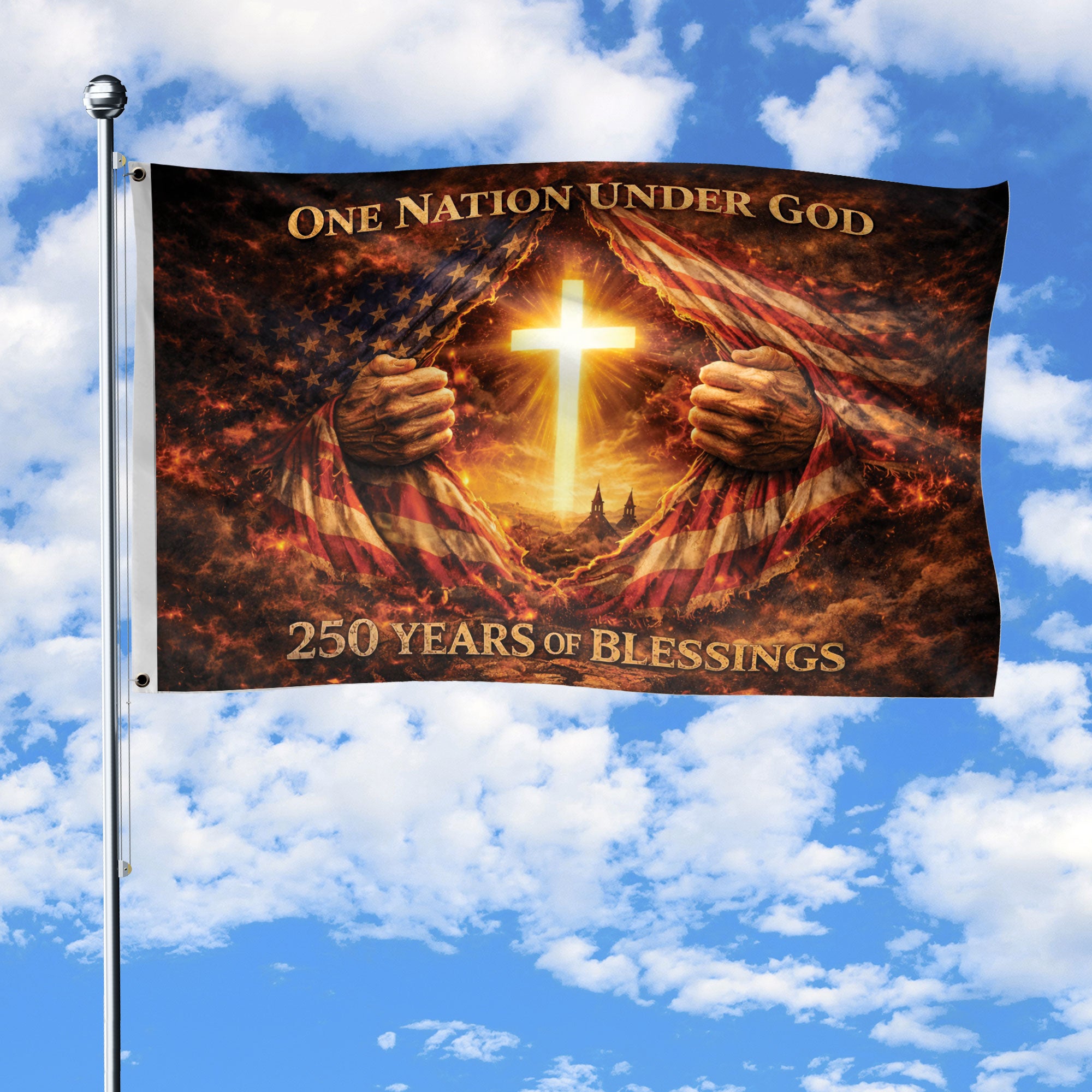 Christian One Nation Under God House Flag USA 250th Anniversary Flag 1776–2026 Patriotic Cross American Flag Design