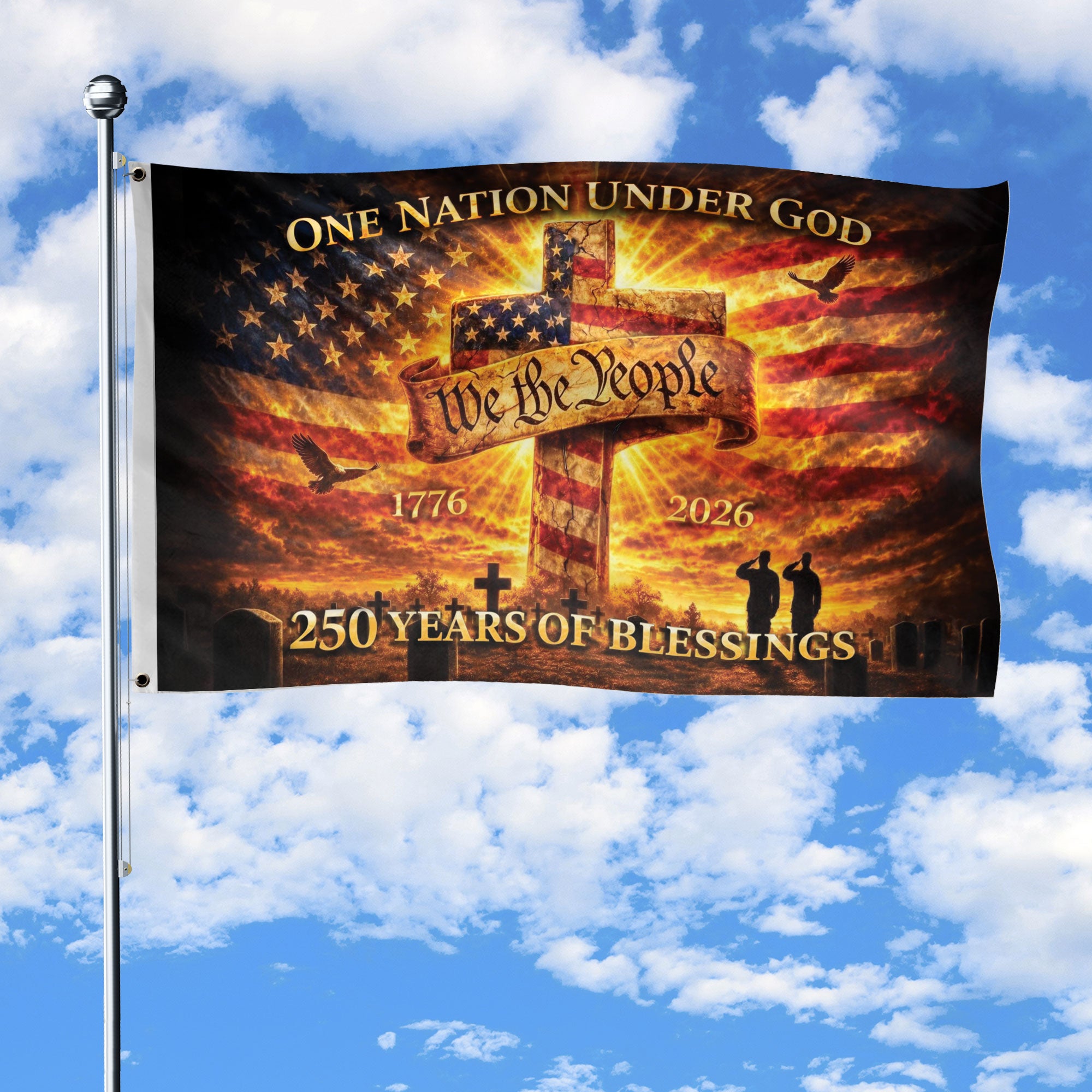 Christian We The People Cross House Flag One Nation Under God 250th Anniversary USA Flag 1776–2026 Patriotic Blessings
