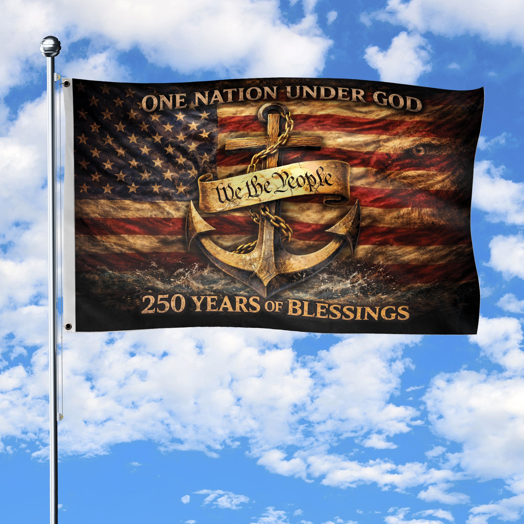 Christian Anchor Cross We The People House Flag One Nation Under God 250th Anniversary USA Flag 1776–2026 Patriotic Design