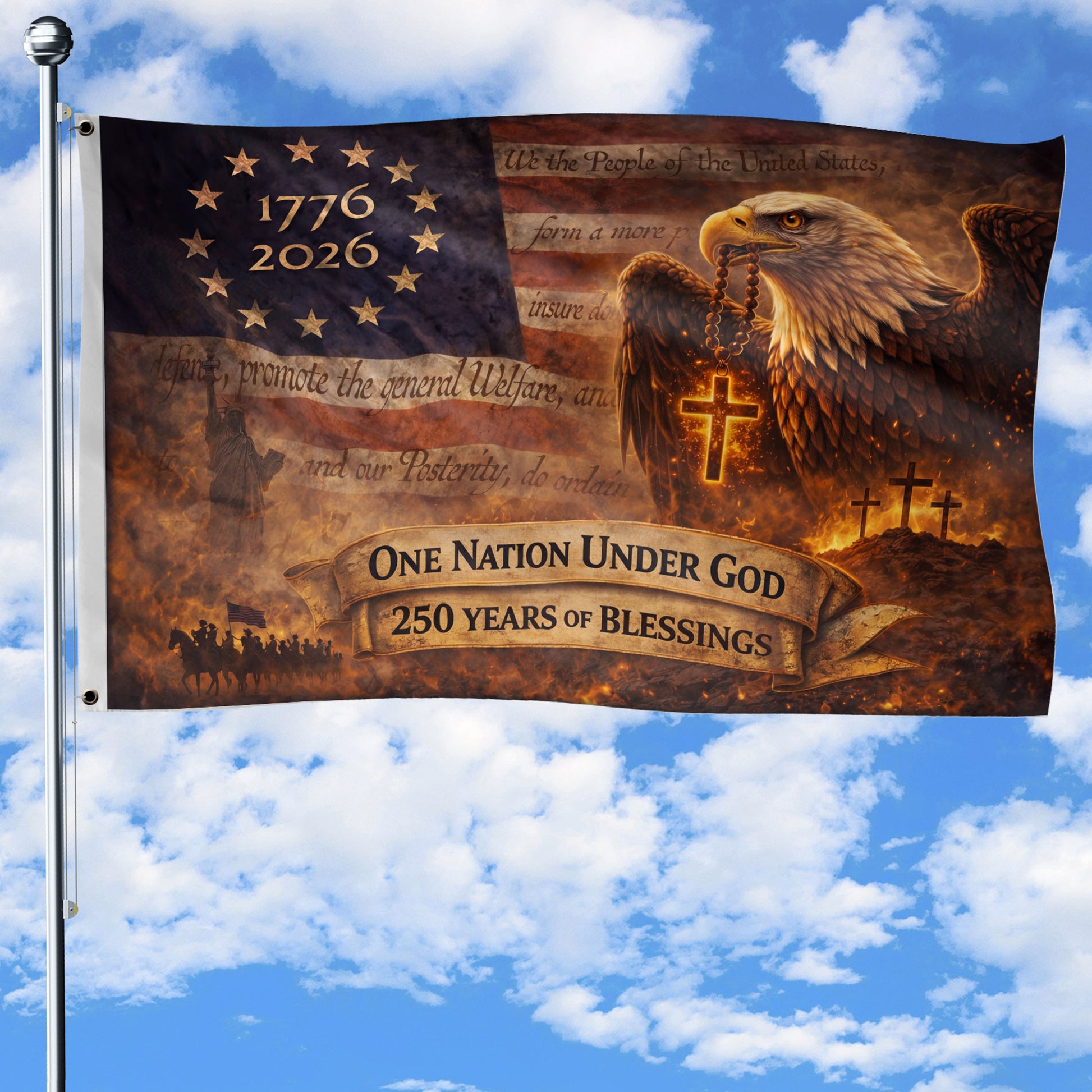 250 Year American Anniversary House Flag 1776–2026 Patriotic USA Flag One Nation Under God - Rust Field Wear