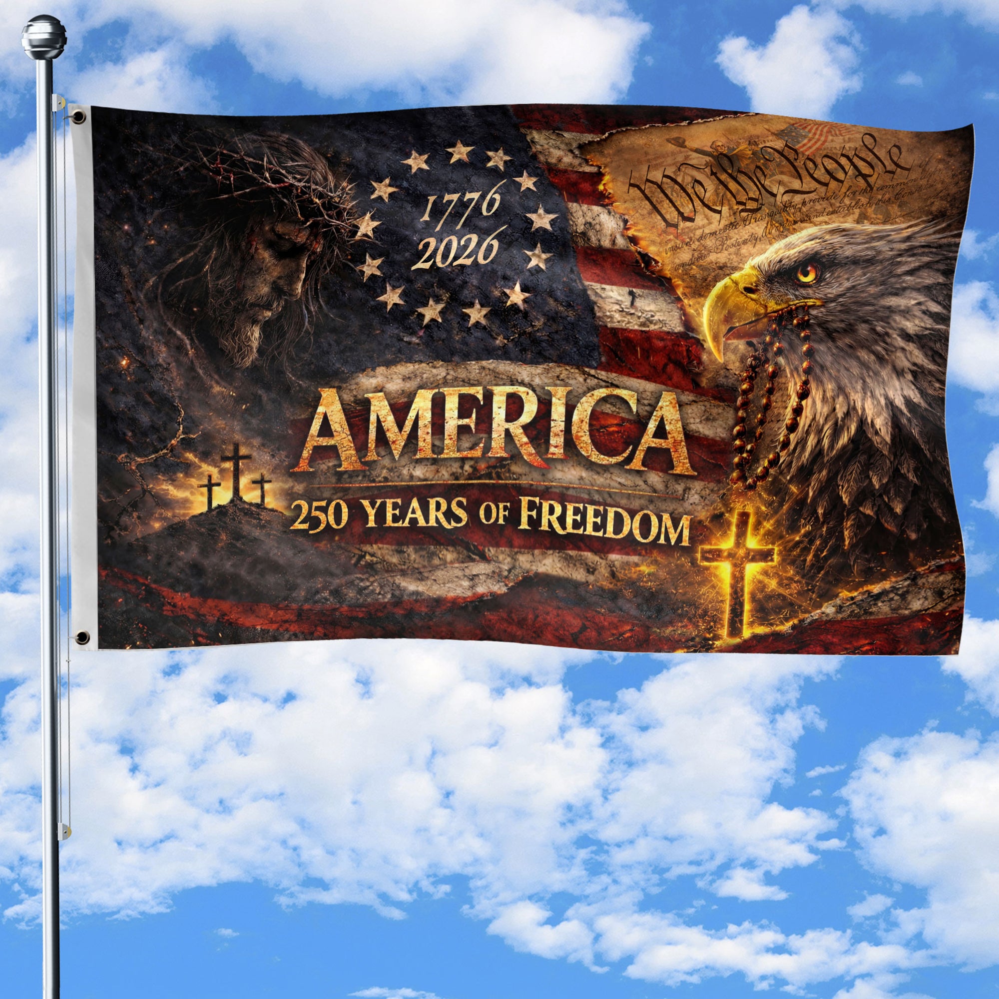 Christian We The People 250th Anniversary USA House Flag Eagle Cross 1776-2026 Patriotic Freedom Banner