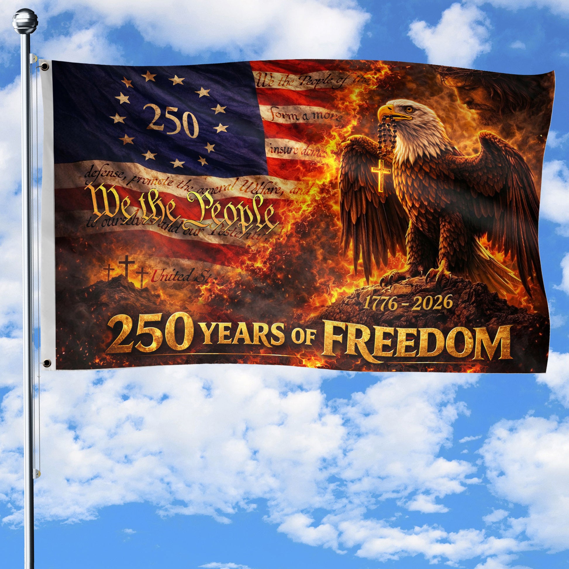 US 1776-2026 Flag 3x5 ft We The People Eagle Cross Patriotic American Banner - Rust Field Wear